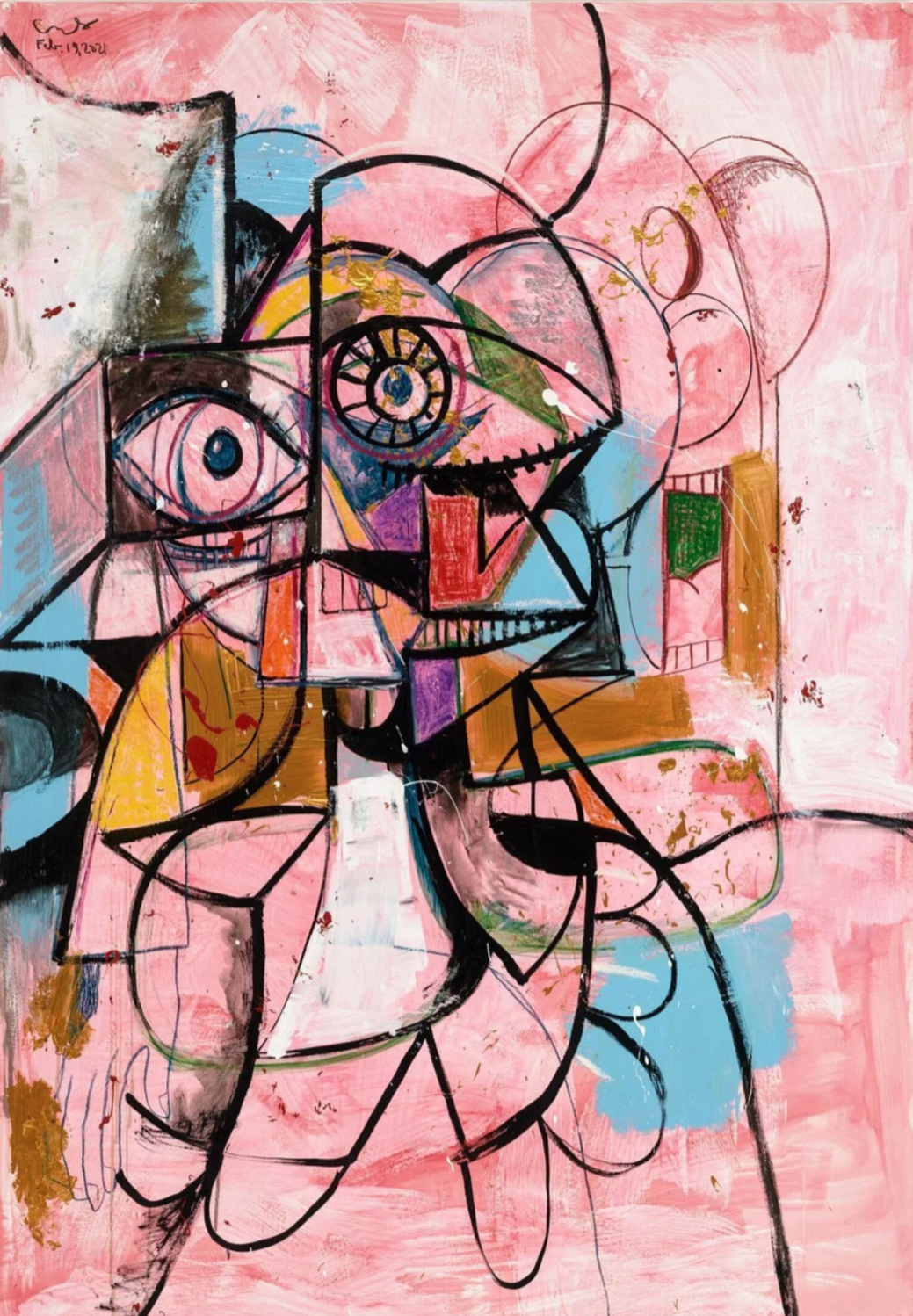Abstract painting with geometric shapes and colorful patterns, featuring prominent eyes in a cubist style on a pink background.