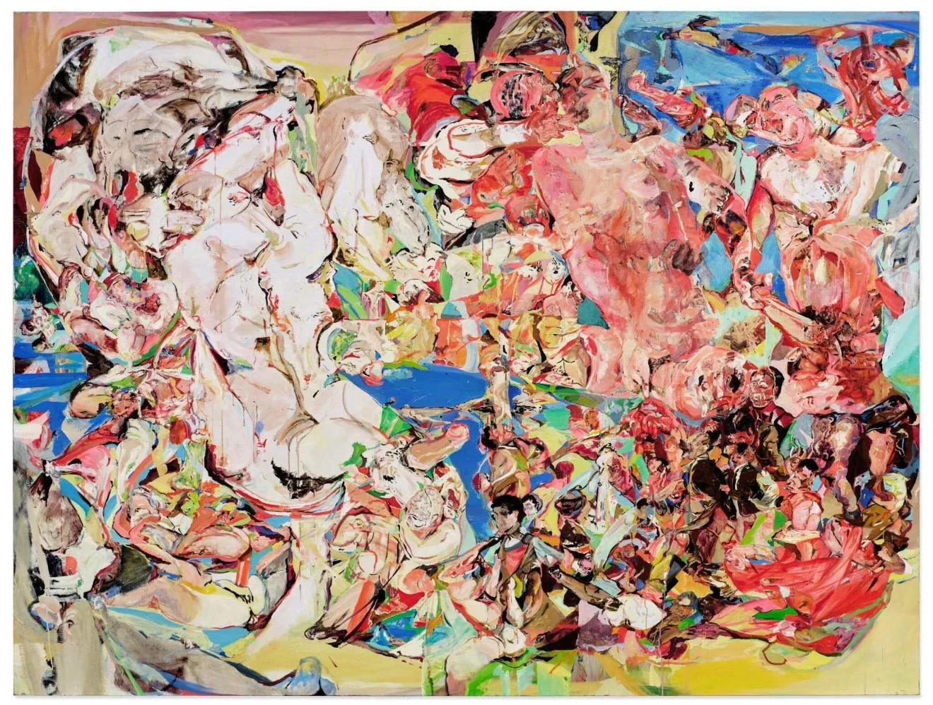 Abstract painting depicting a crowded scene with various human figures in vibrant colors and dynamic brushstrokes.