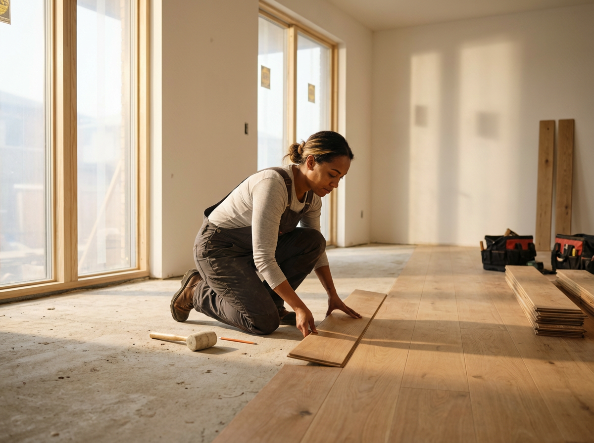 A woman kneels on the floor installing wooden flooring in a room with large sliding glass doors, construction tools and materials around her.