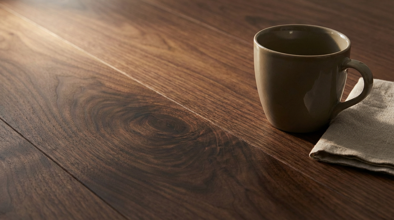 A dark coffee mug on a wooden table beside a white cloth napkin.