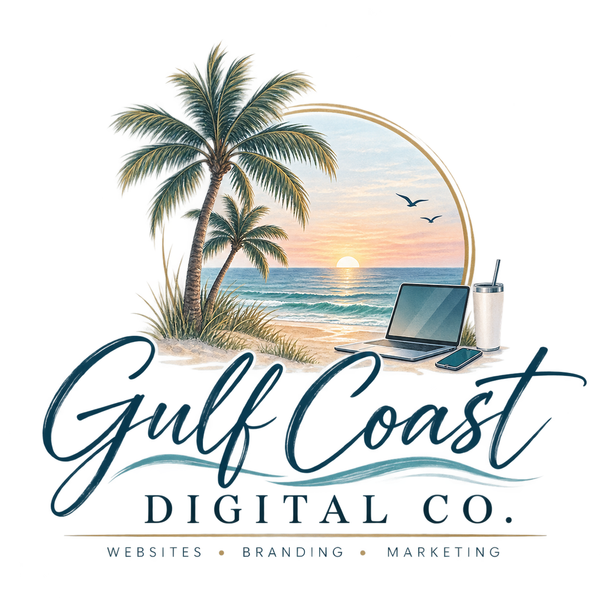 A logo for Gulf Coast Digital Co. featuring a tropical beach scene with palm trees, a setting sun, the ocean, a laptop, smartphone, and a cup with a straw, with the company name and tagline 'websites, branding, marketing'.