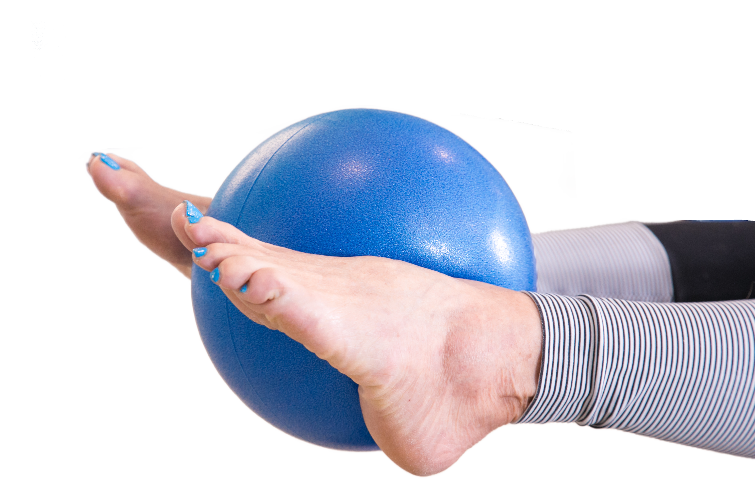 Person holding a blue exercise ball, wearing a striped shirt and showing painted blue fingernails.