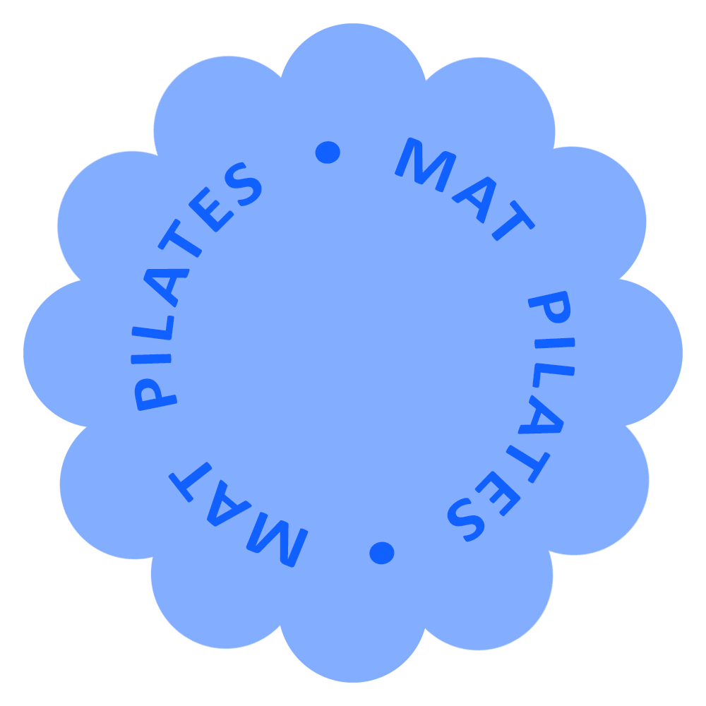 Blue flower-shaped badge with circular text reading 'Mat Pilates' repeated around the center.