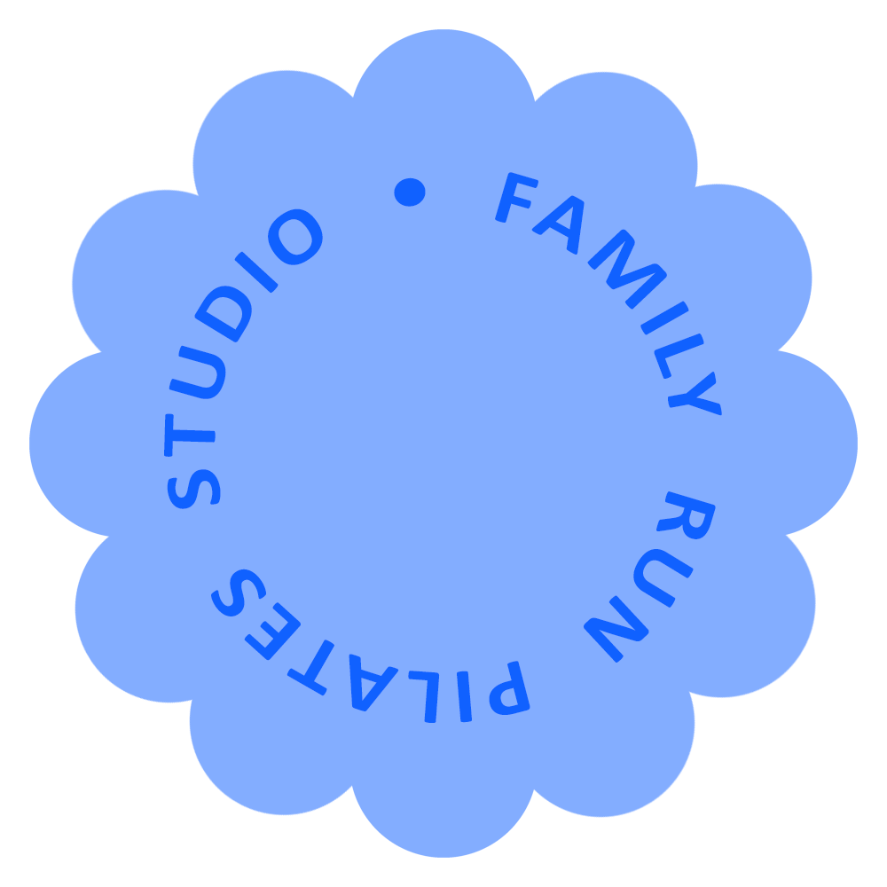A blue circular badge with scalloped edges, with the words 'FAMILY RUN PLATES STUDIO' written in blue around the inside edge of the circle.
