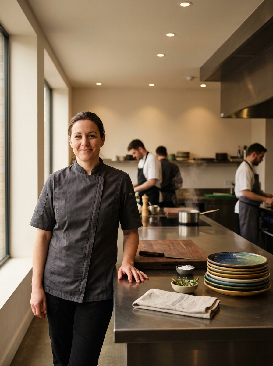 A smiling female chef in a professional kitchen with other chefs working in the background, stacked plates and prepared ingredients on the counter.