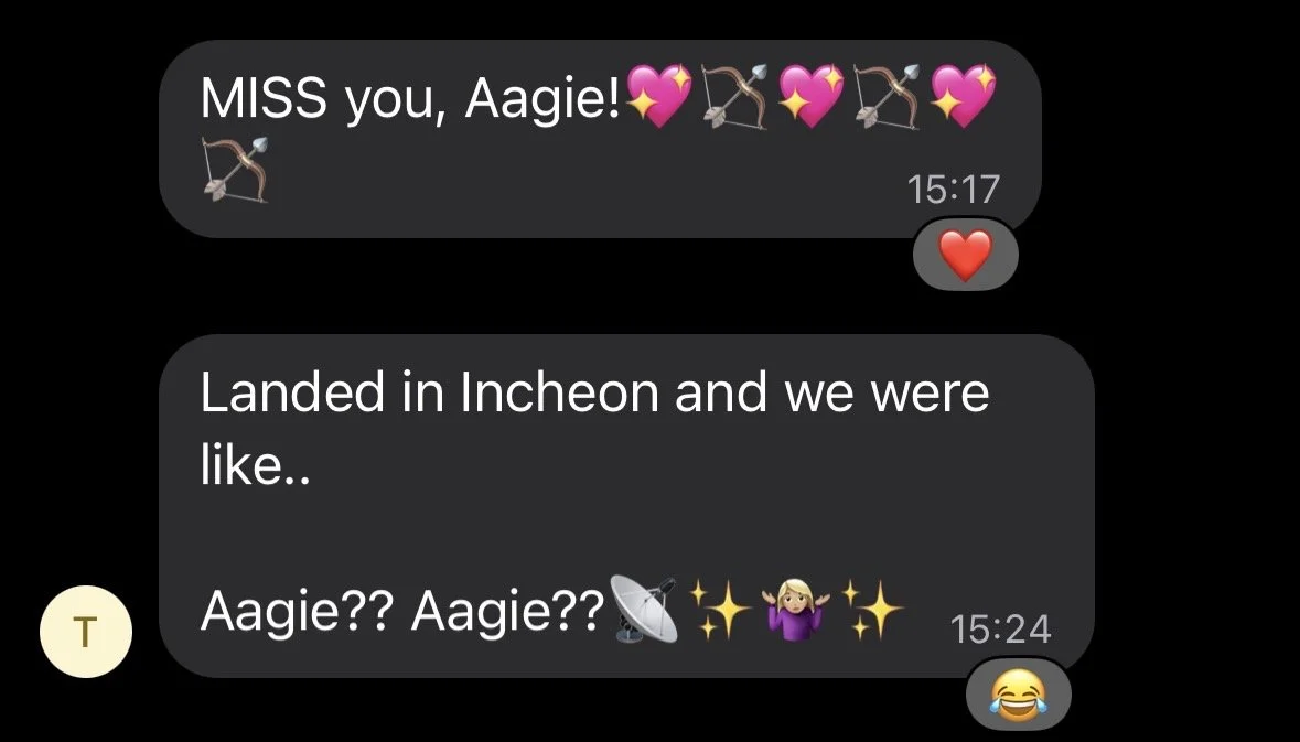 Screenshots of a text message conversation with emojis, where someone is expressing missing someone named Aagie, mentioning landing in Incheon, and using stars, a satellite dish, and a dancing woman emoji.