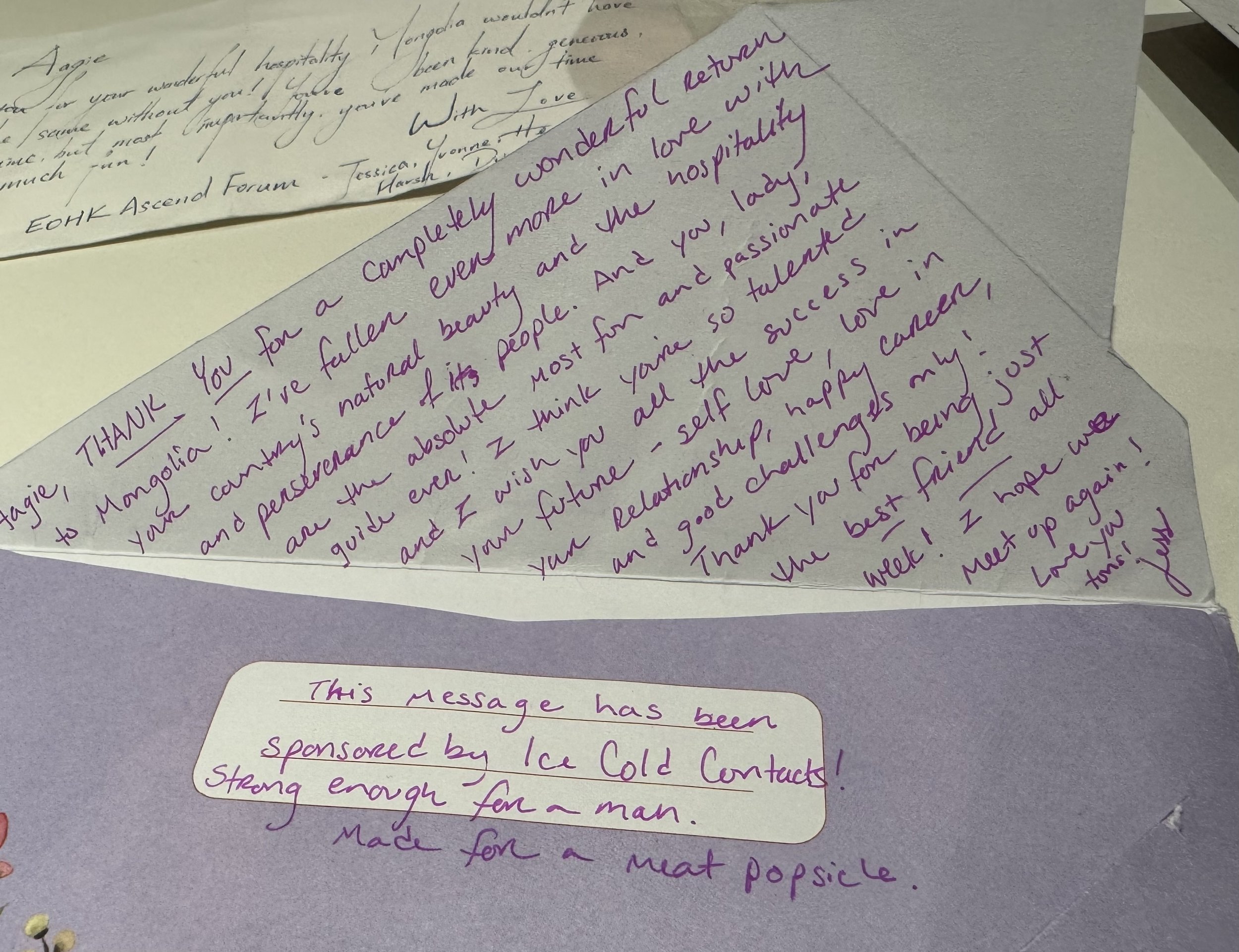 Close-up of handwritten letters on torn and folded papers, written in purple and black ink, expressing gratitude and positive sentiments.