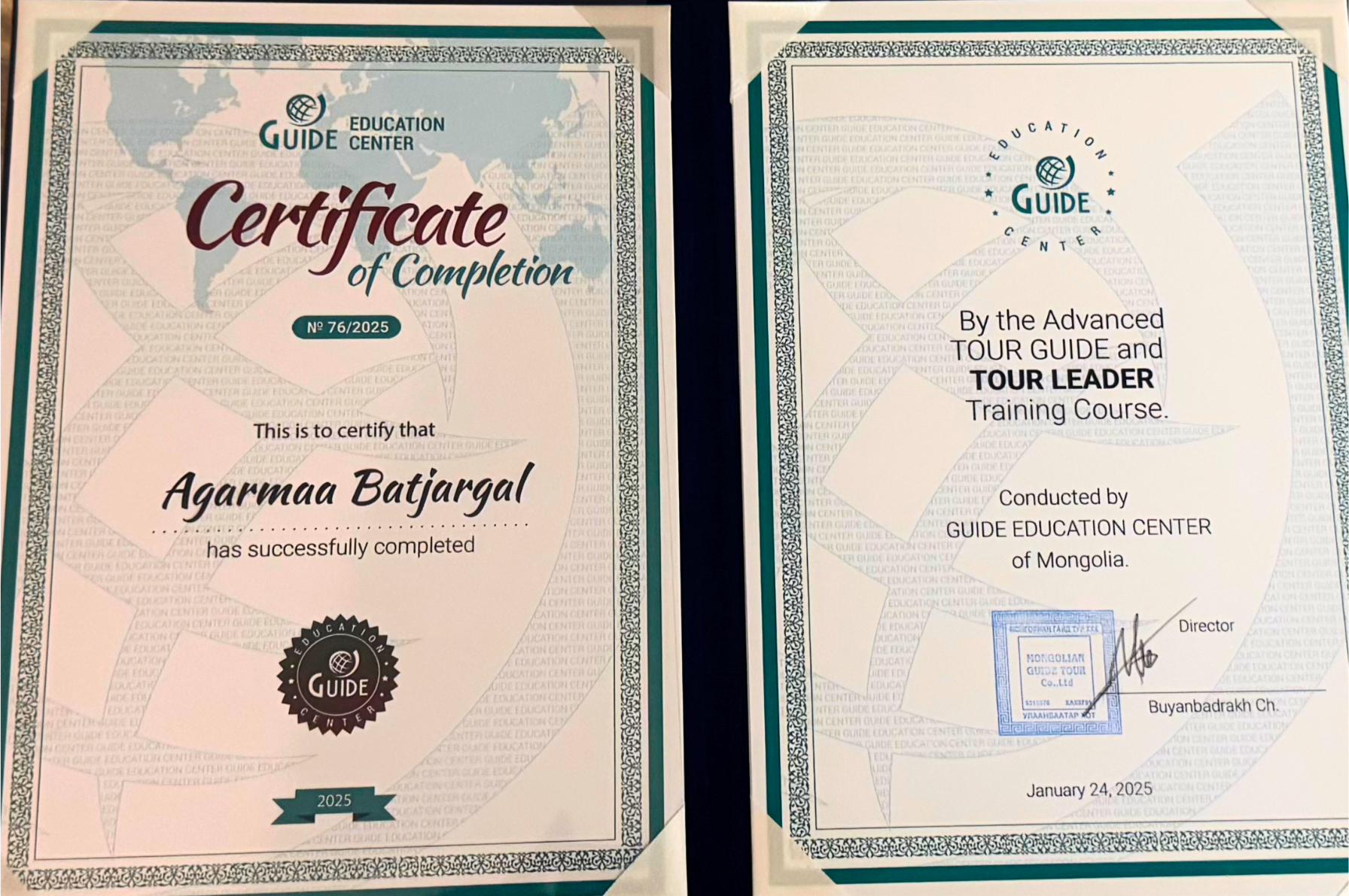 Certificate of completion awarded to Agargmaa Batiargal by Guide Education Center for successfully completing an advanced tour guide and tour leader training course, dated January 24, 2025.