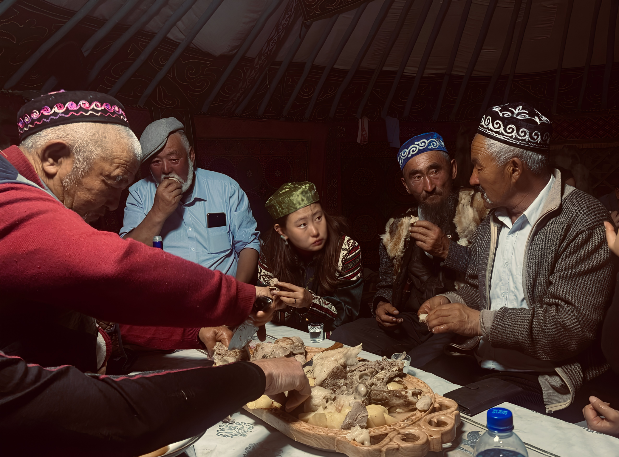 A group of people, including elderly men and a young girl, gather around a table with various meats inside a traditional tent. The men are wearing traditional patterned caps and one is eating. A young girl looks on while a person in a red sweater slices meat.