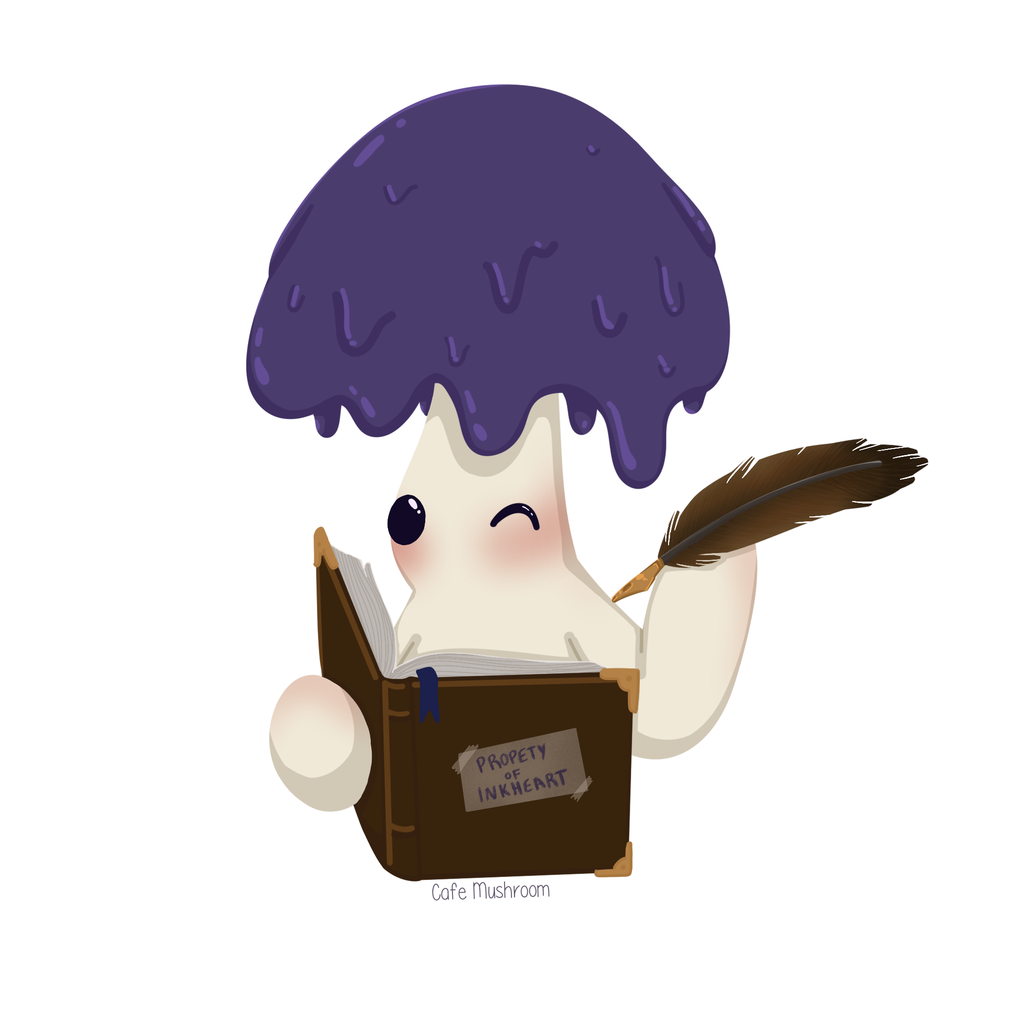 A cartoon girl with purple hair and big eyes reading a book titled 'Prophecy of Inkheart'.