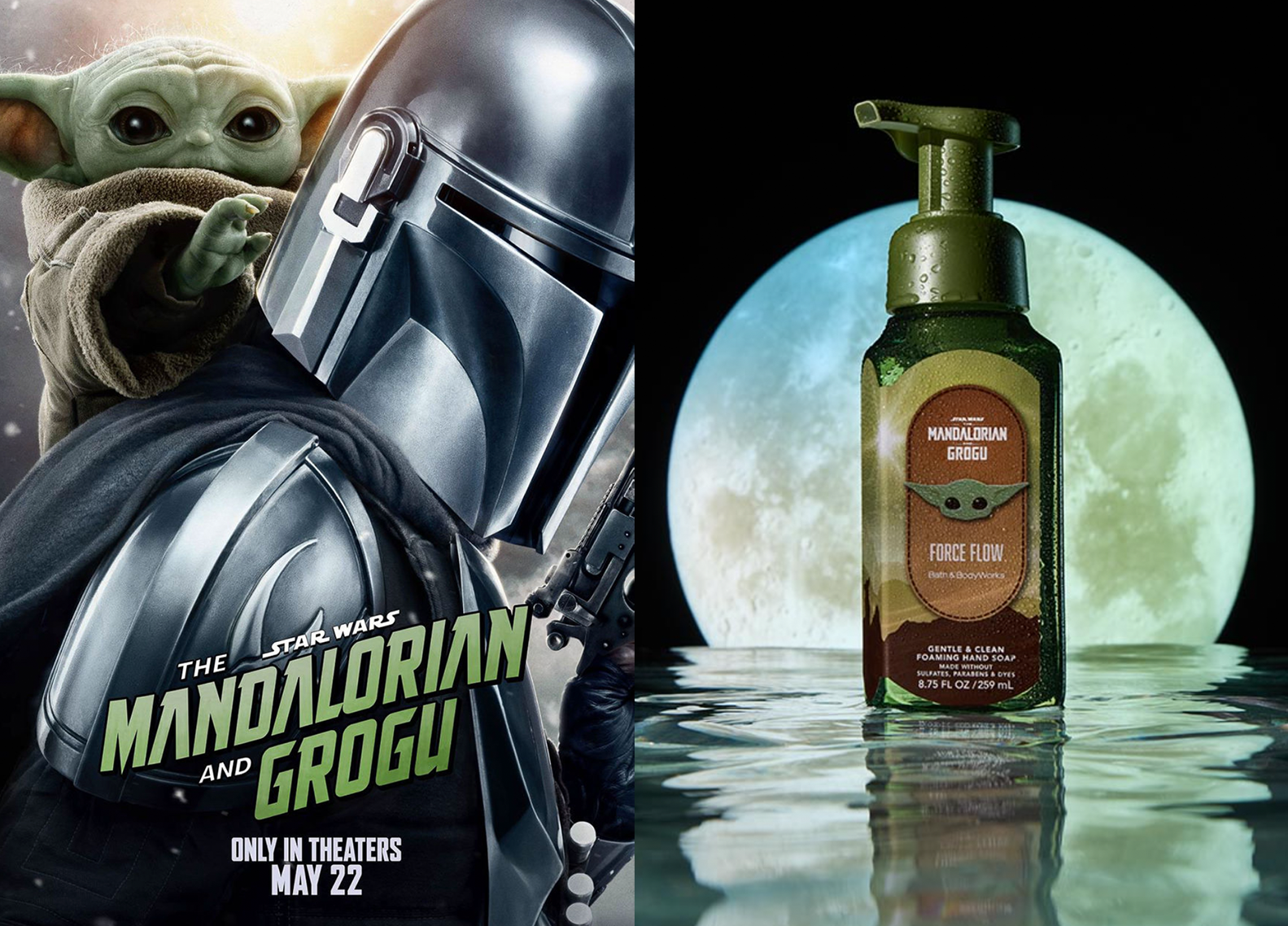 Poster for Star Wars: The Mandalorian and The Child with a Mandalorian helmet and Baby Yoda (Grogu). Next to it is a bottle of Mandalorian Grogu-themed foam hand soap with a moon in the background reflected on water.