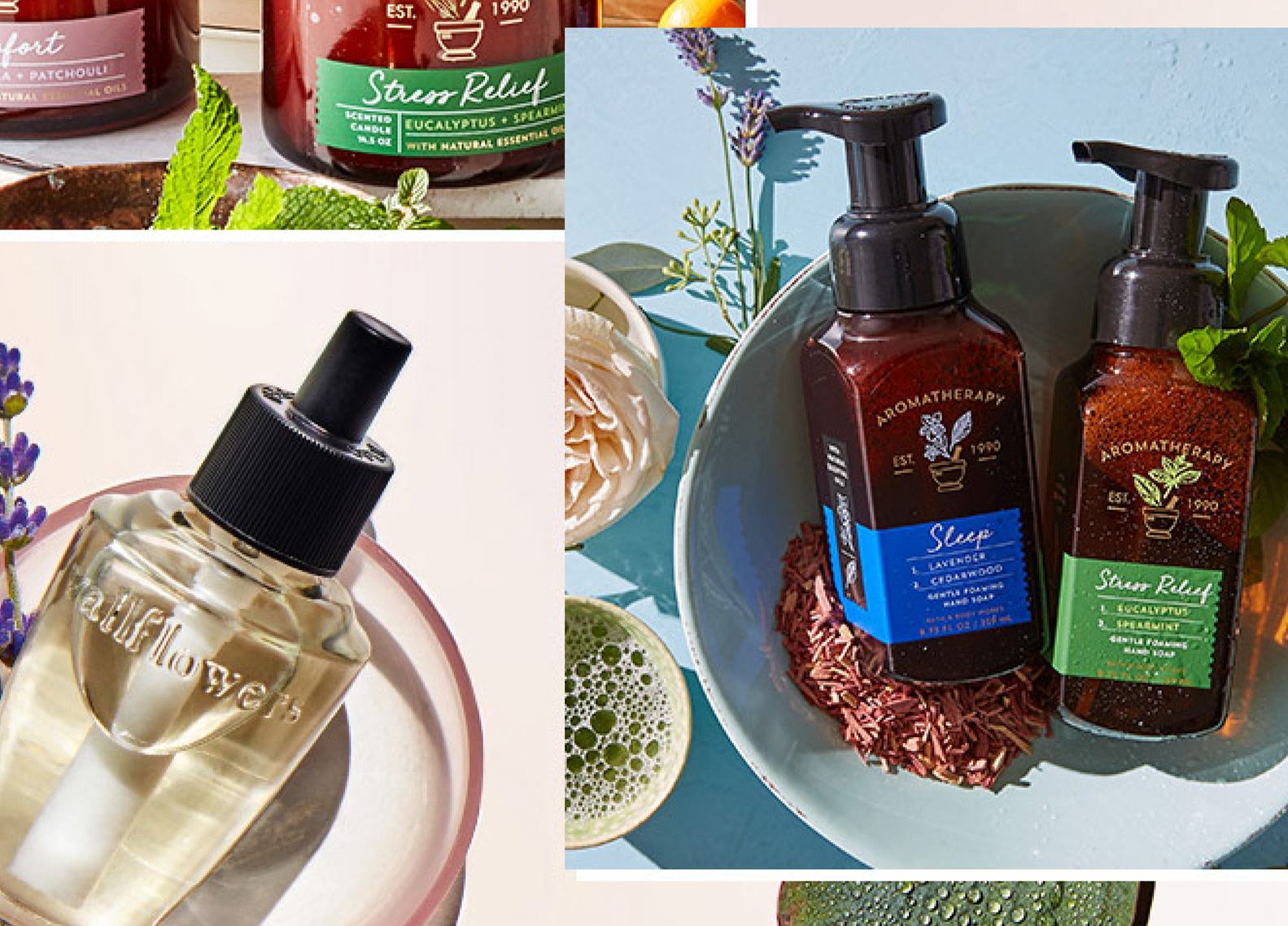 A collage of wellness products, including a large beige glass spray bottle labeled 'Gaufloyw' on a pink plate, surrounded by purple lavender flowers; two bottles of aromatherapy spray with black pump caps, one with a blue label and the other with a green label, placed on a blue plate with dried flower petals; various jars of natural body care or wellness products with colorful labels, herbs, and flowers.