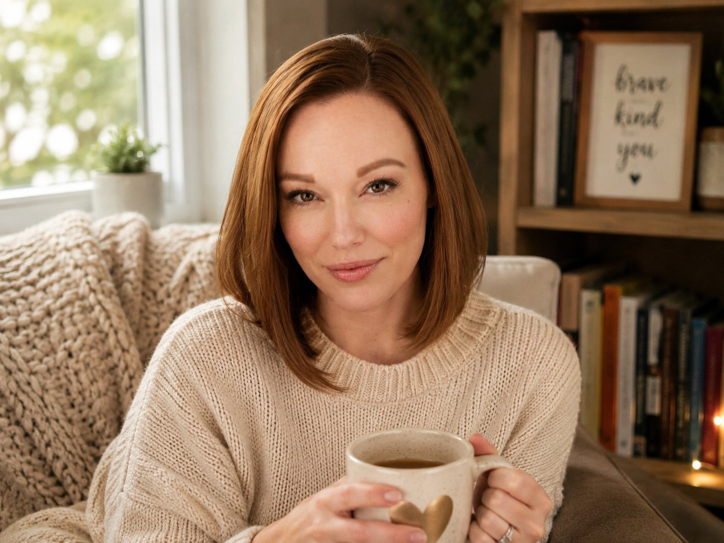A woman with shoulder-length red hair and light makeup, wearing a beige knit sweater, sitting on a cozy couch with textured pillows, holding a ceramic mug with a heart design, in a warmly lit living room with books and a framed sign that reads 'brave and kind you.'