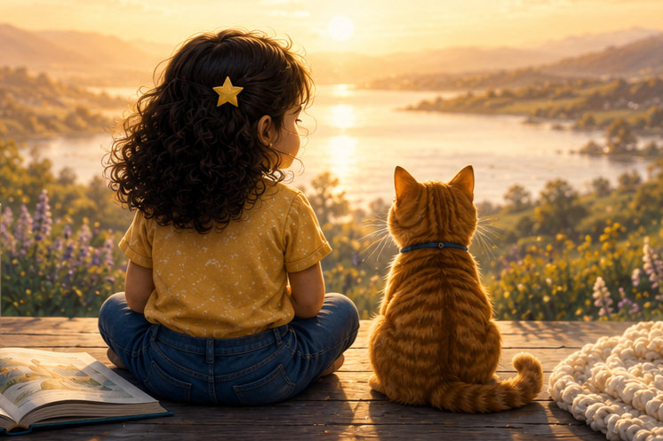A young girl with curly hair and a yellow star hair clip sits on a deck with an orange tabby cat. They are watching the sunset over a river and mountains with trees and flowers in the background.