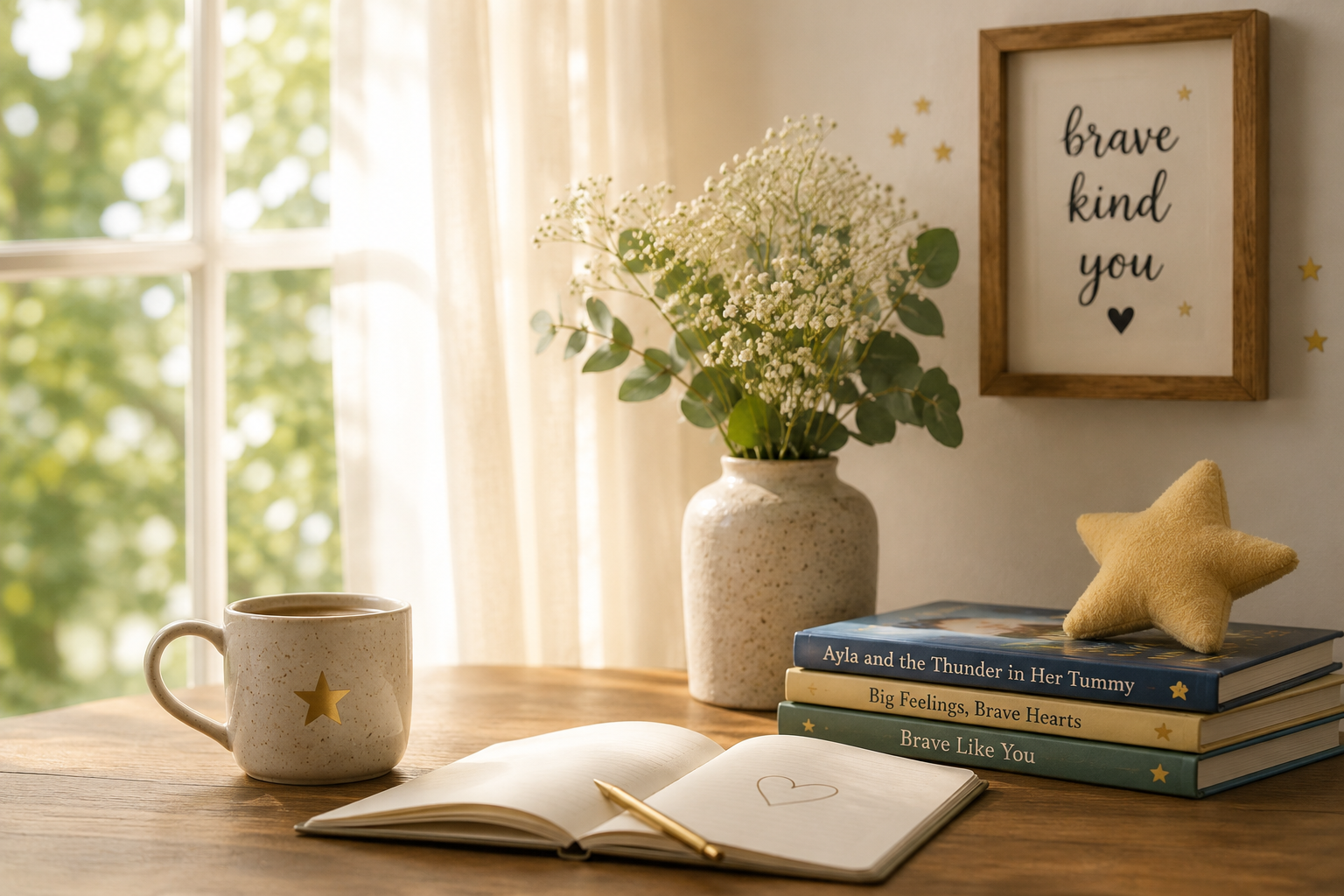 A cozy workspace with a wooden table, a ceramic mug, an open notebook with a heart drawing, a stack of books, a plush star pillow, a vase of white flowers, and a framed sign that reads 'brave kind you' with small gold star decals on the wall.