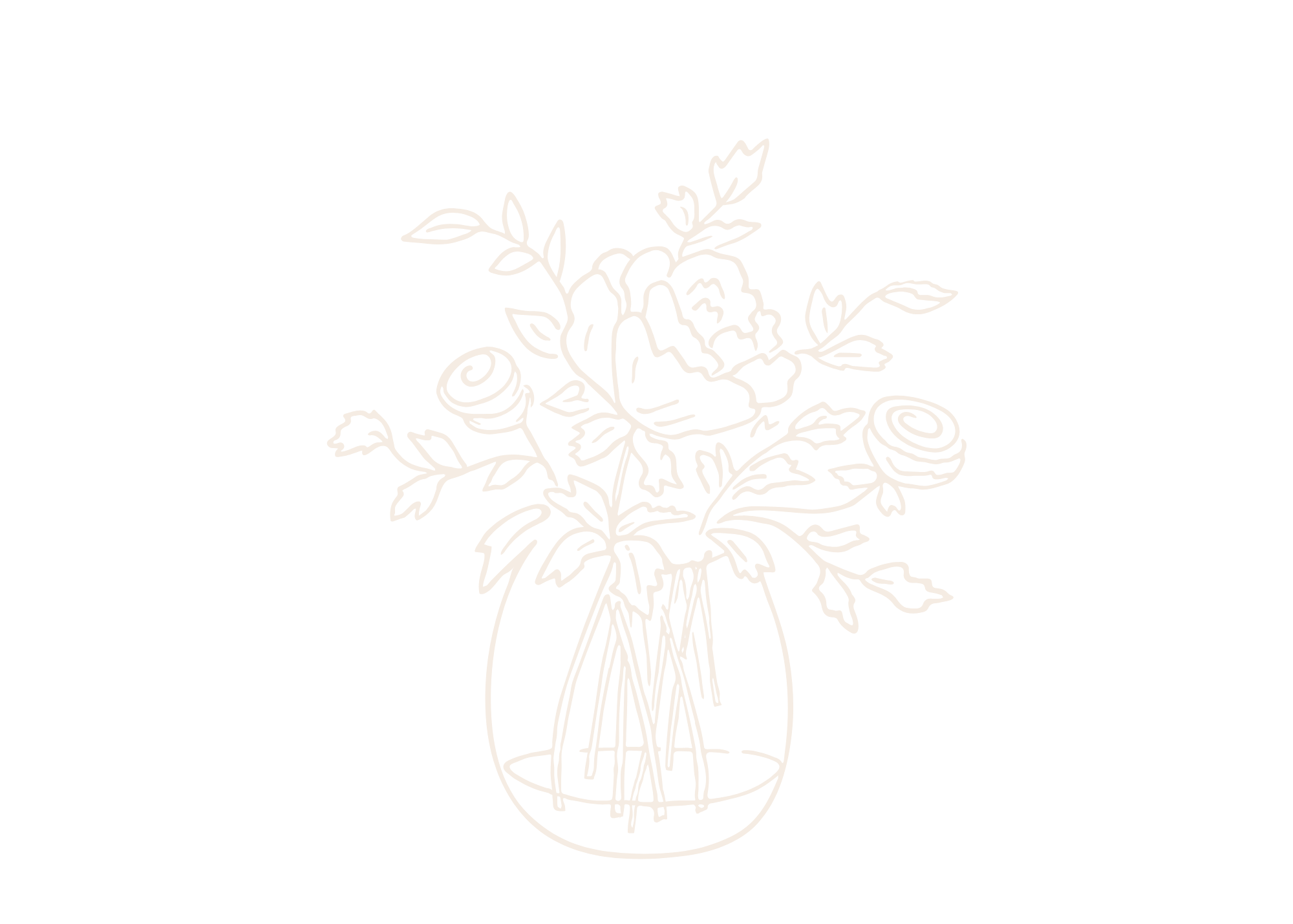 Line art of a bouquet of flowers in a vase, on a black background.