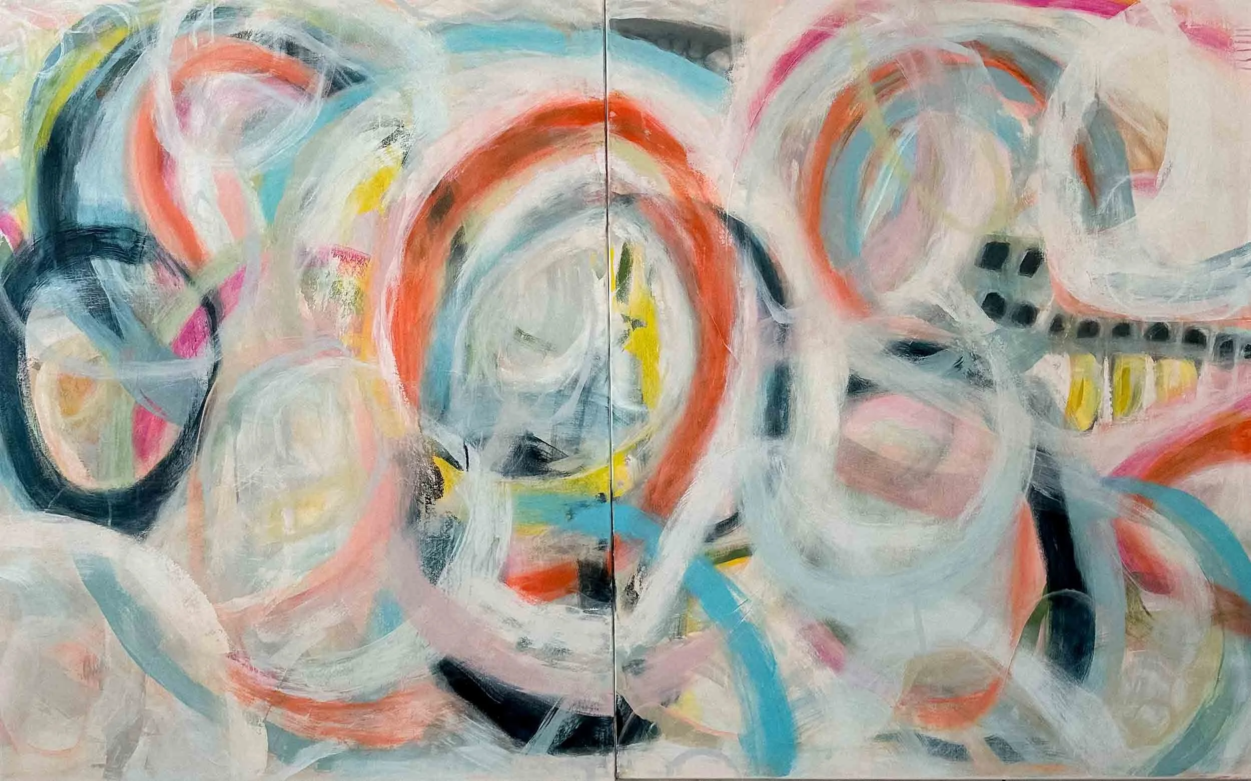 Abstract painting with circular and curved shapes in pastel colors, including light blue, peach, yellow, and black, on a light background.