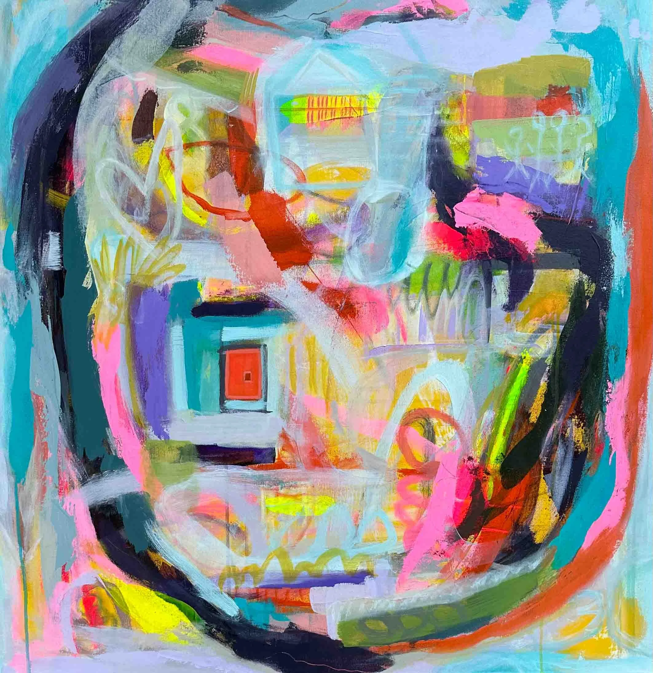 Abstract colorful painting with various shapes and brush strokes in shades of blue, pink, yellow, green, purple, and black.