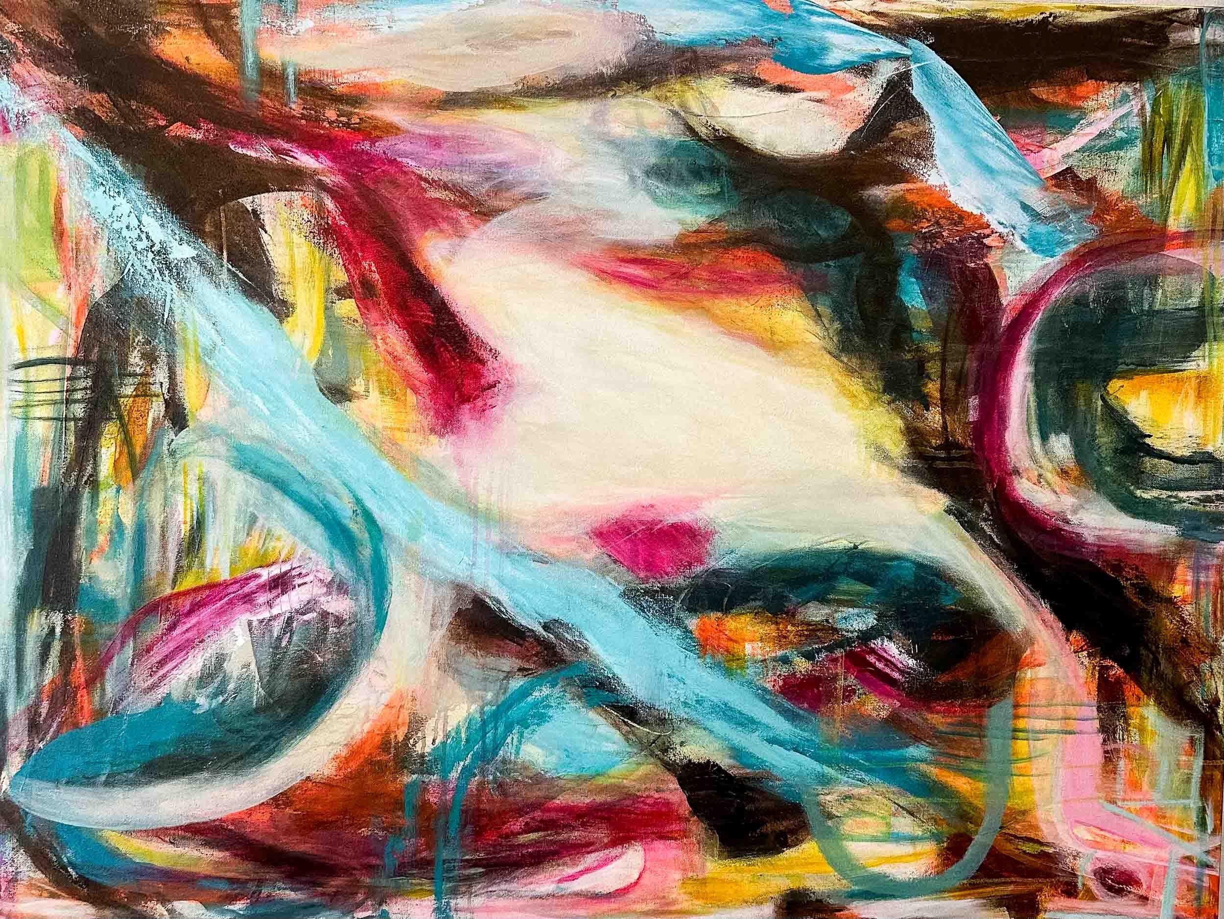 Abstract colorful painting with swirling lines and vibrant hues of pink, blue, black, yellow, orange, and white.