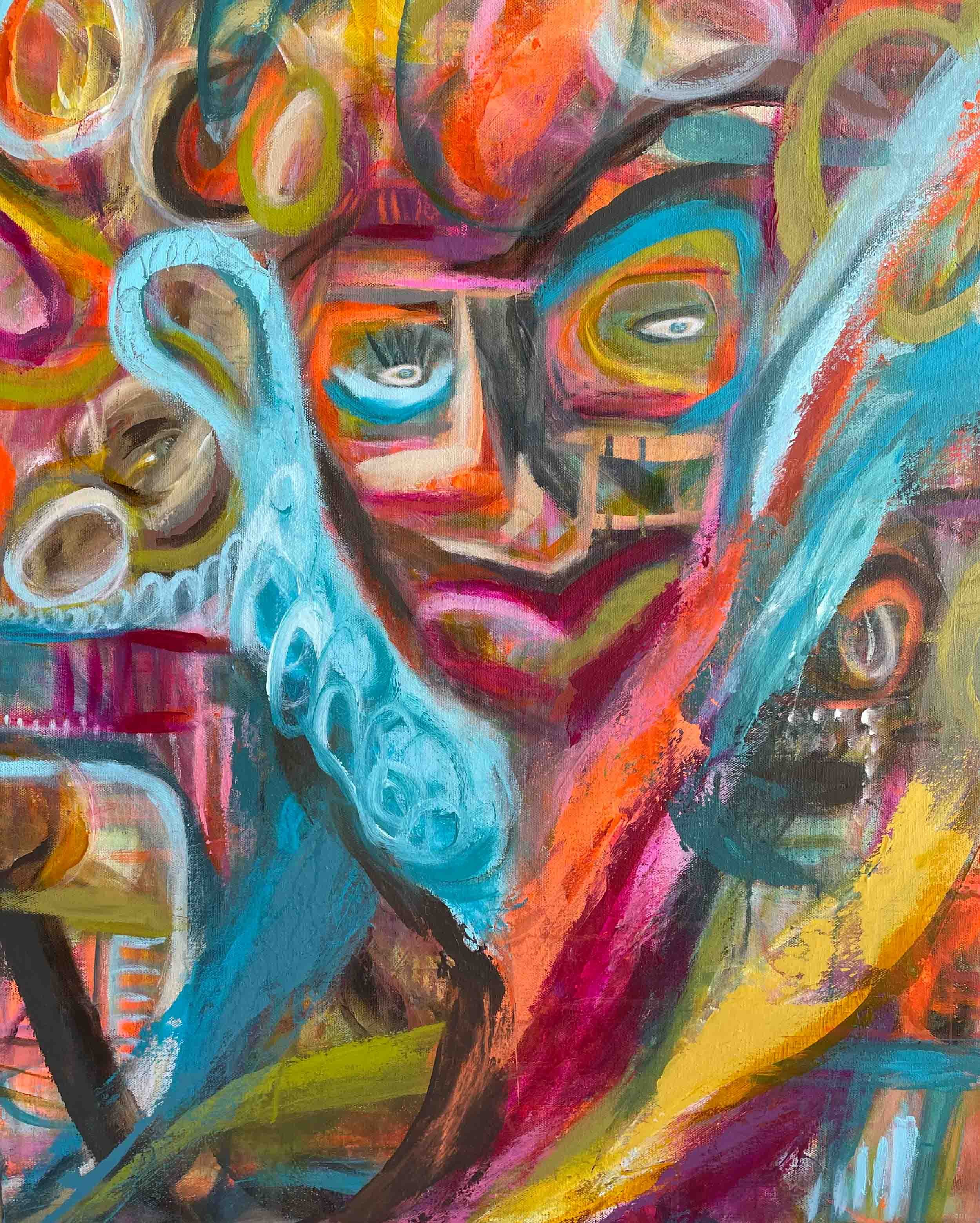 Abstract colorful painting featuring two figures with exaggerated facial features, surrounded by vibrant swirls and strokes of various colors.