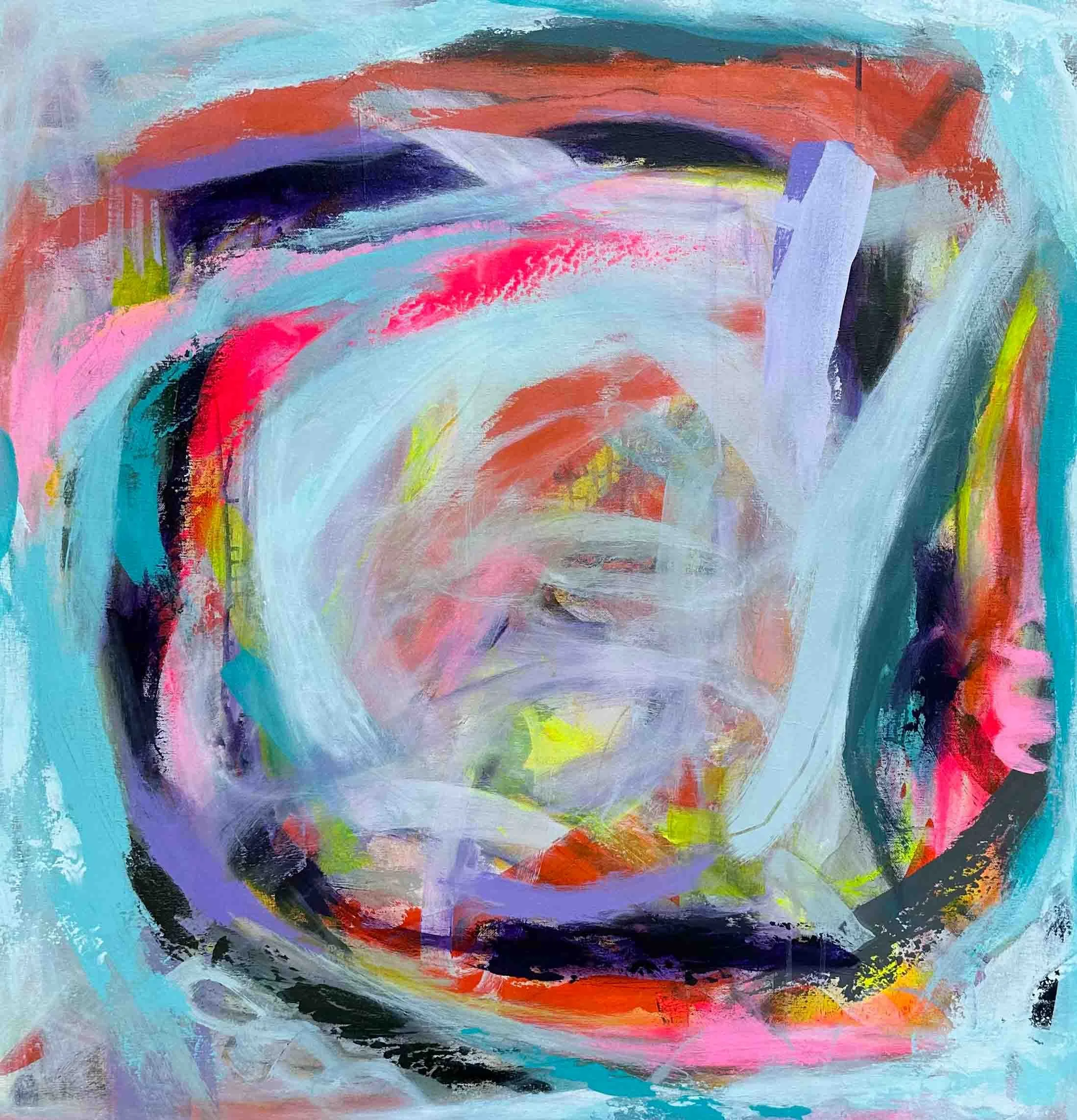 Abstract colorful art with sweeping brushstrokes in shades of blue, pink, red, yellow, black, and purple.