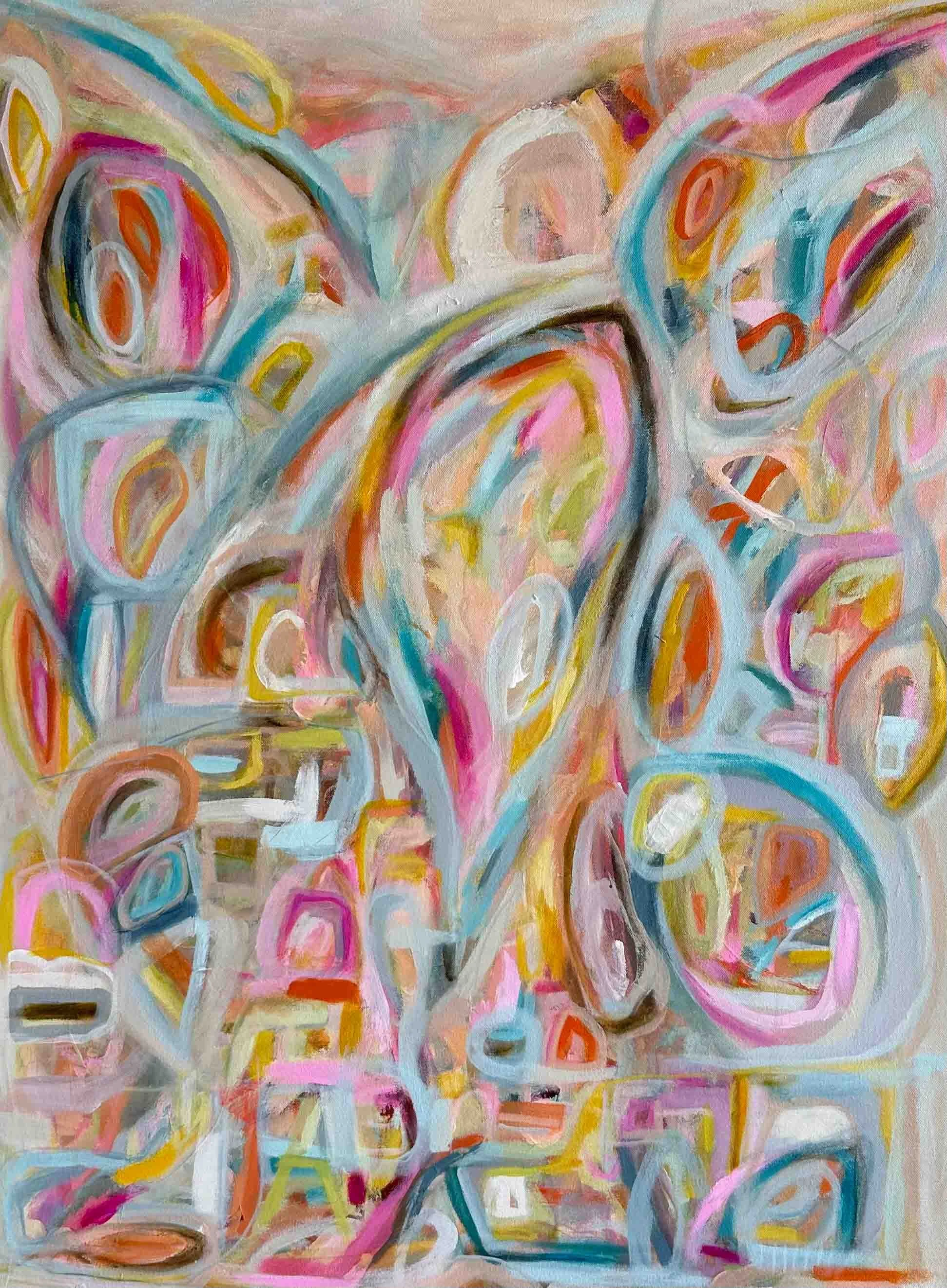 Abstract painting with swirling, colorful shapes in pastel colors such as pink, blue, orange, yellow, and white.