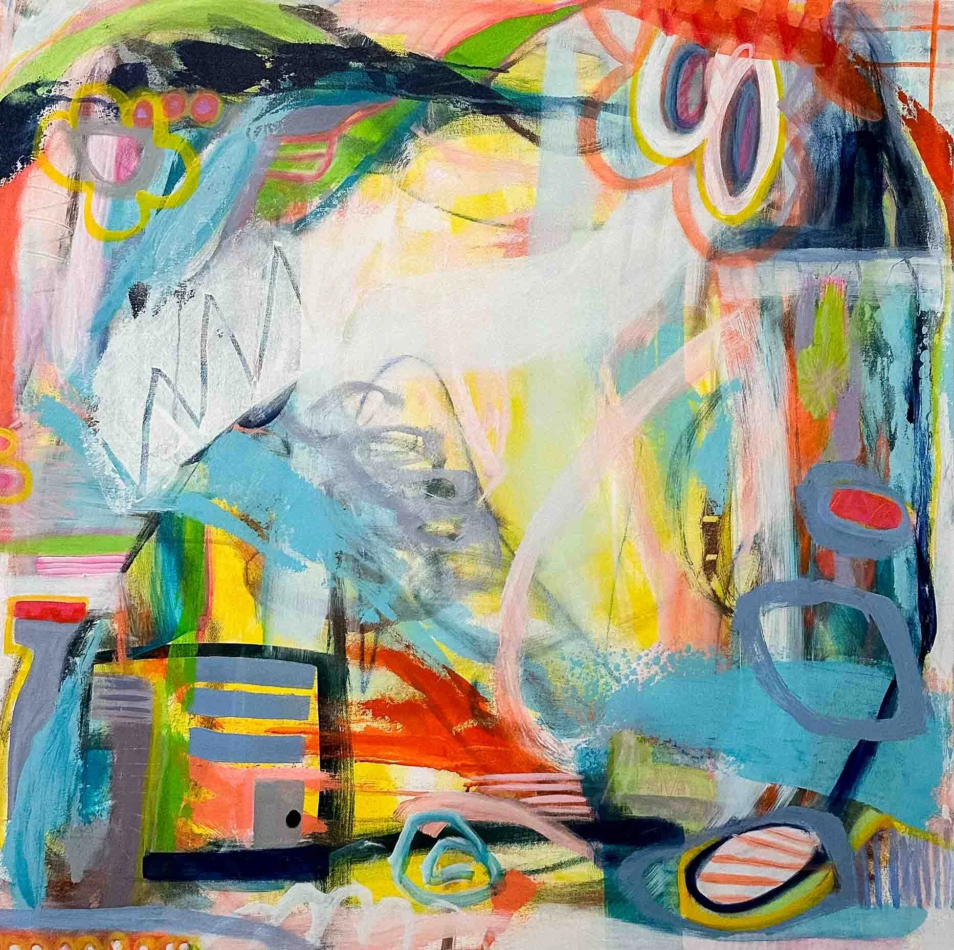 Abstract painting with vibrant colors and various shapes, including yellow and pink flower-like forms, green, blue, red, and black lines, and layered brushstrokes.