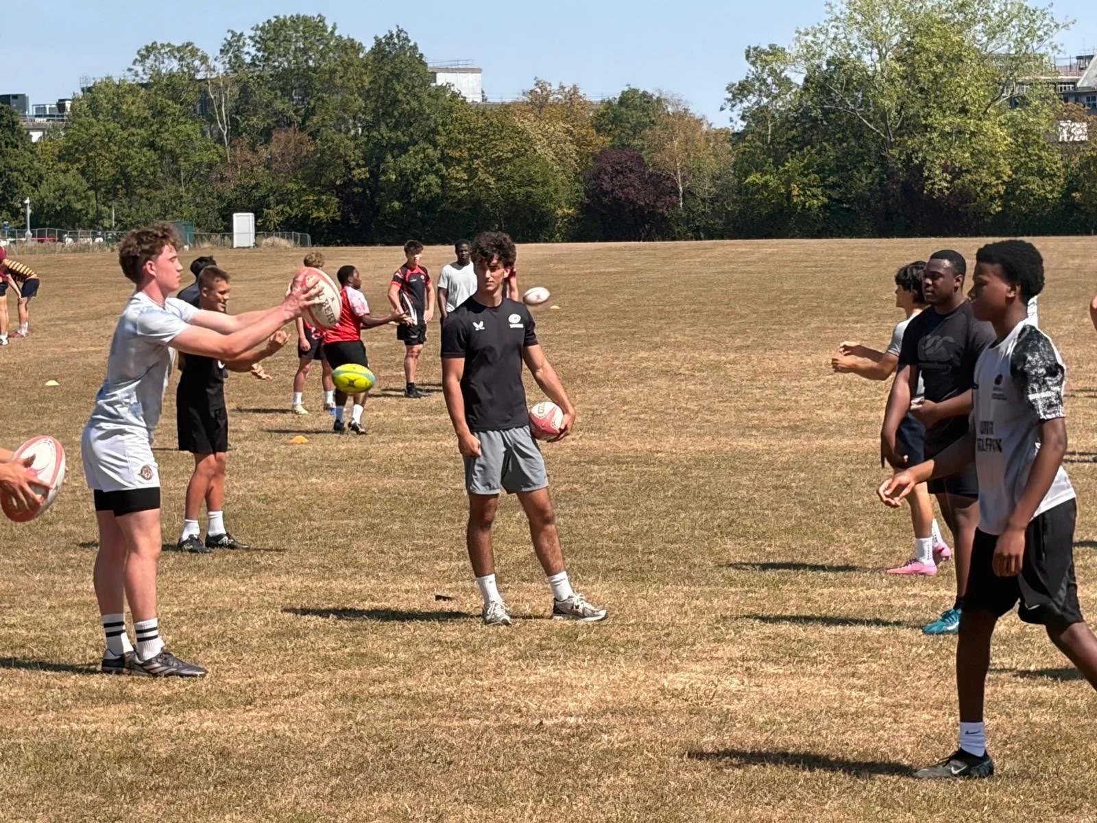 Young rugby players practicing on a field with some holding rugby balls, some standing and observing, under a clear sky with trees in the background.