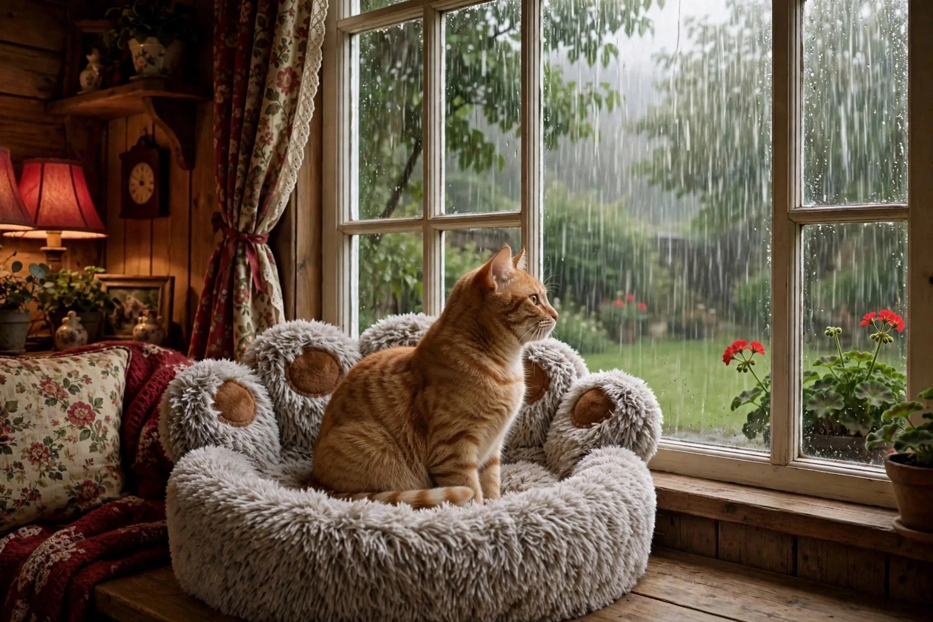 Medium plush paw-shaped pet bed with a cat
