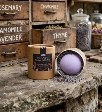 Clary Sage & Juniper aromatherapy bath bomb in a gift tube on a rustic table