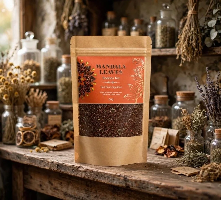 Red Bush Digestive rooibos loose leaf tea, 50g packet, on a rustic shelf