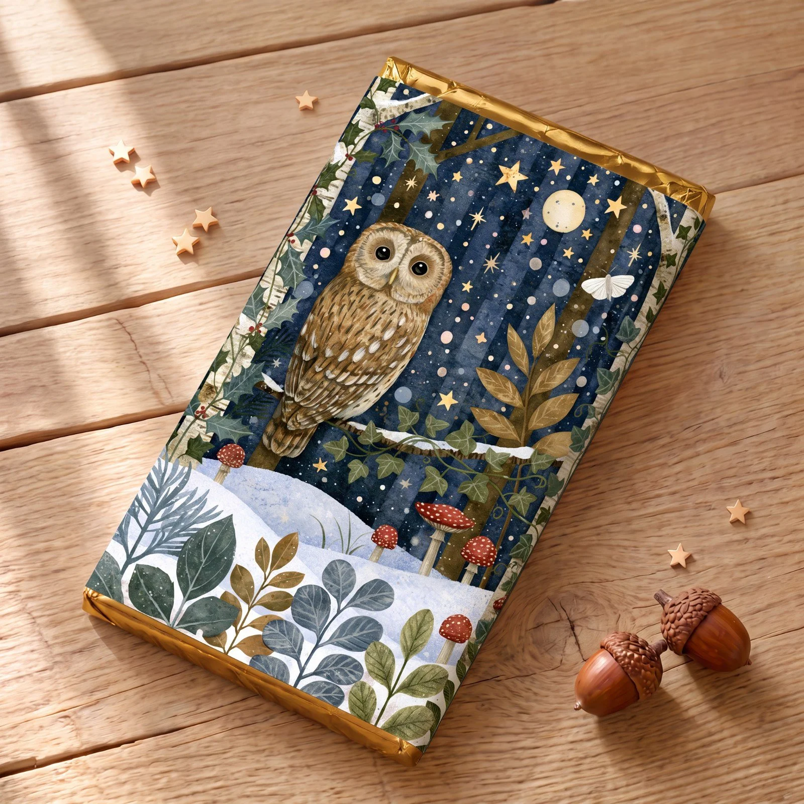 Under the Oak Tree woodland chocolate bar 100g with an illustrated cover of an owl on a branch