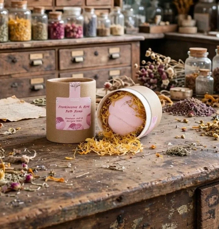 Frankincense & Rose aromatherapy bath bomb in a gift tube on a rustic table