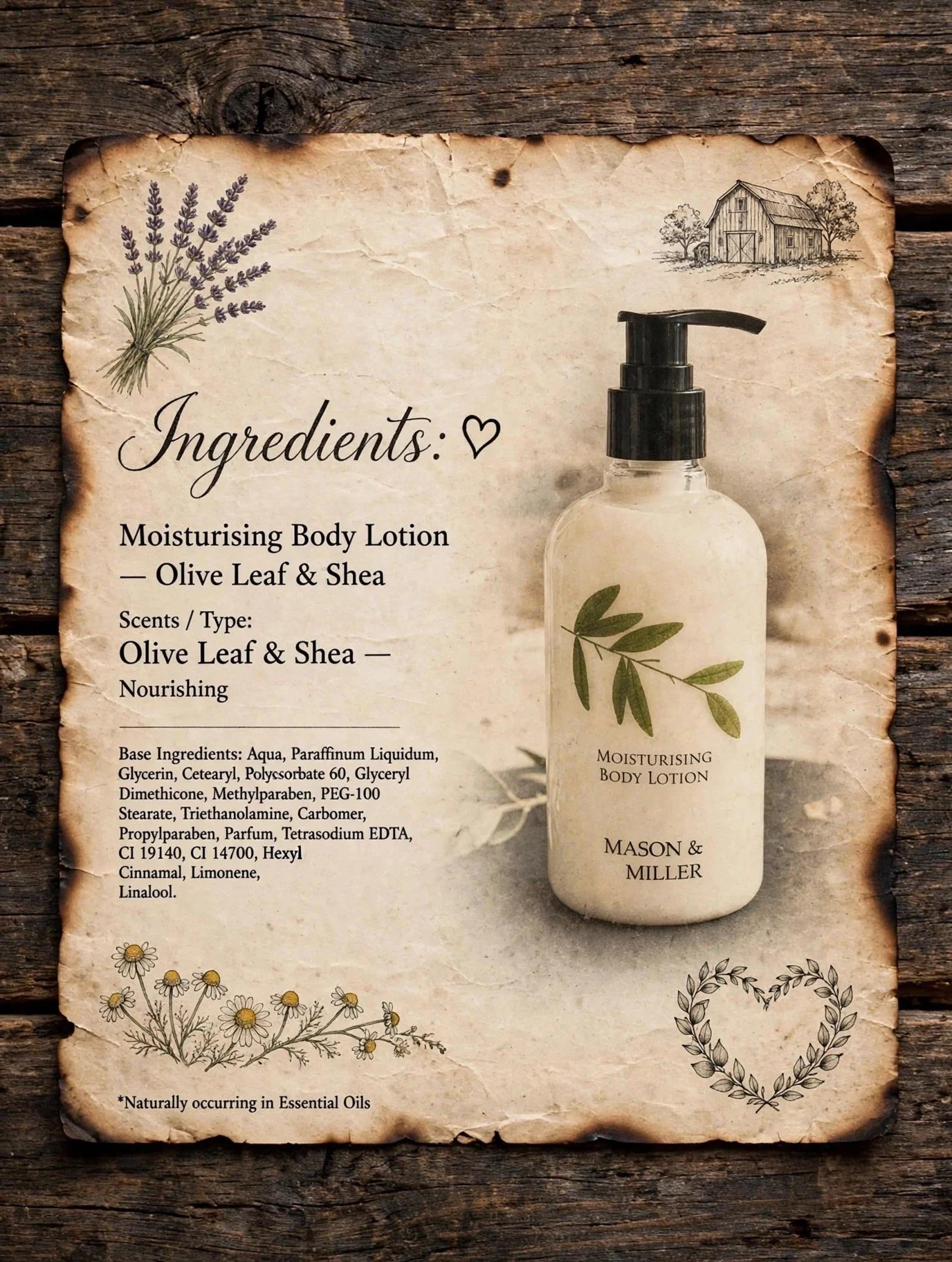 Mason & Miller body lotion ingredients card