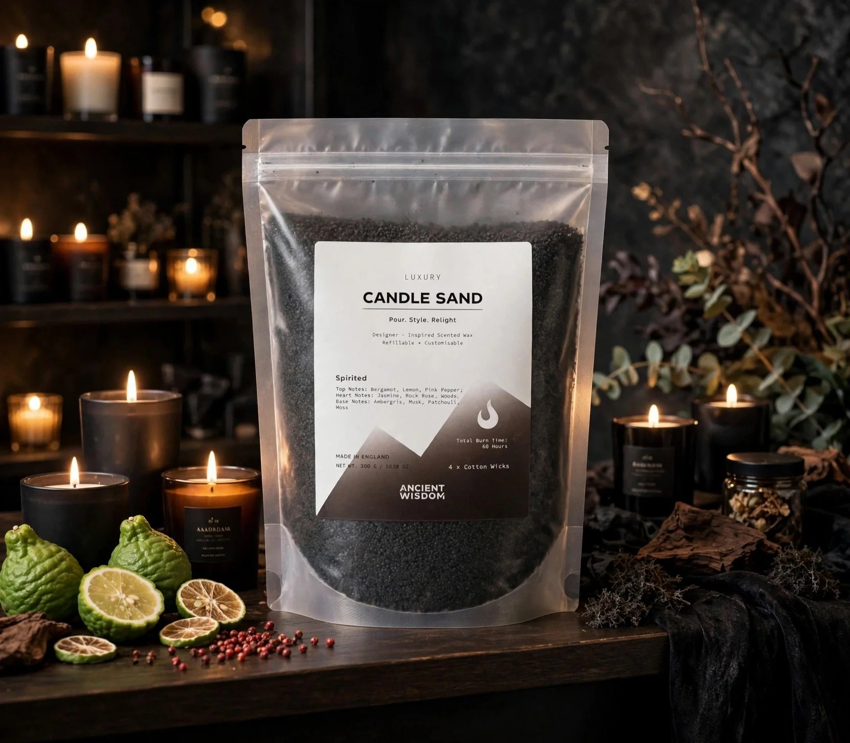 Black Spirited scented candle sand 300g pouch with candles