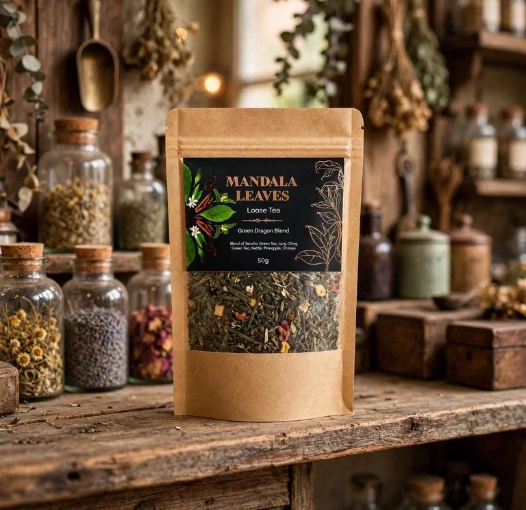 Green Dragon loose leaf tea, 50g packet, on a rustic shelf