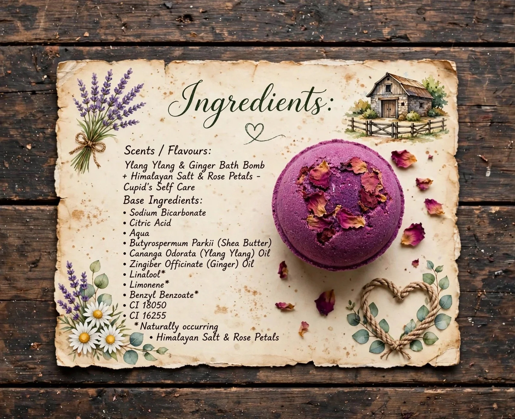 Ylang Ylang & Ginger bath bomb ingredients card