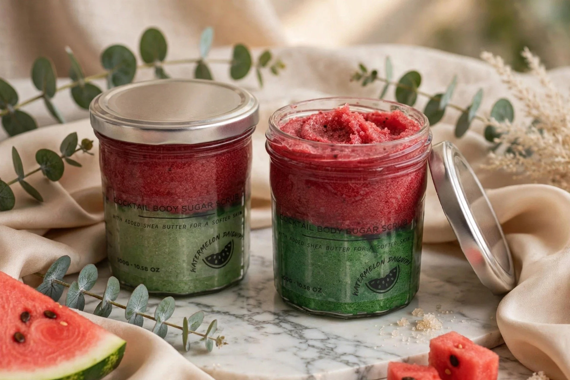 Two jars of Watermelon Daiquiri fragranced sugar body scrub
