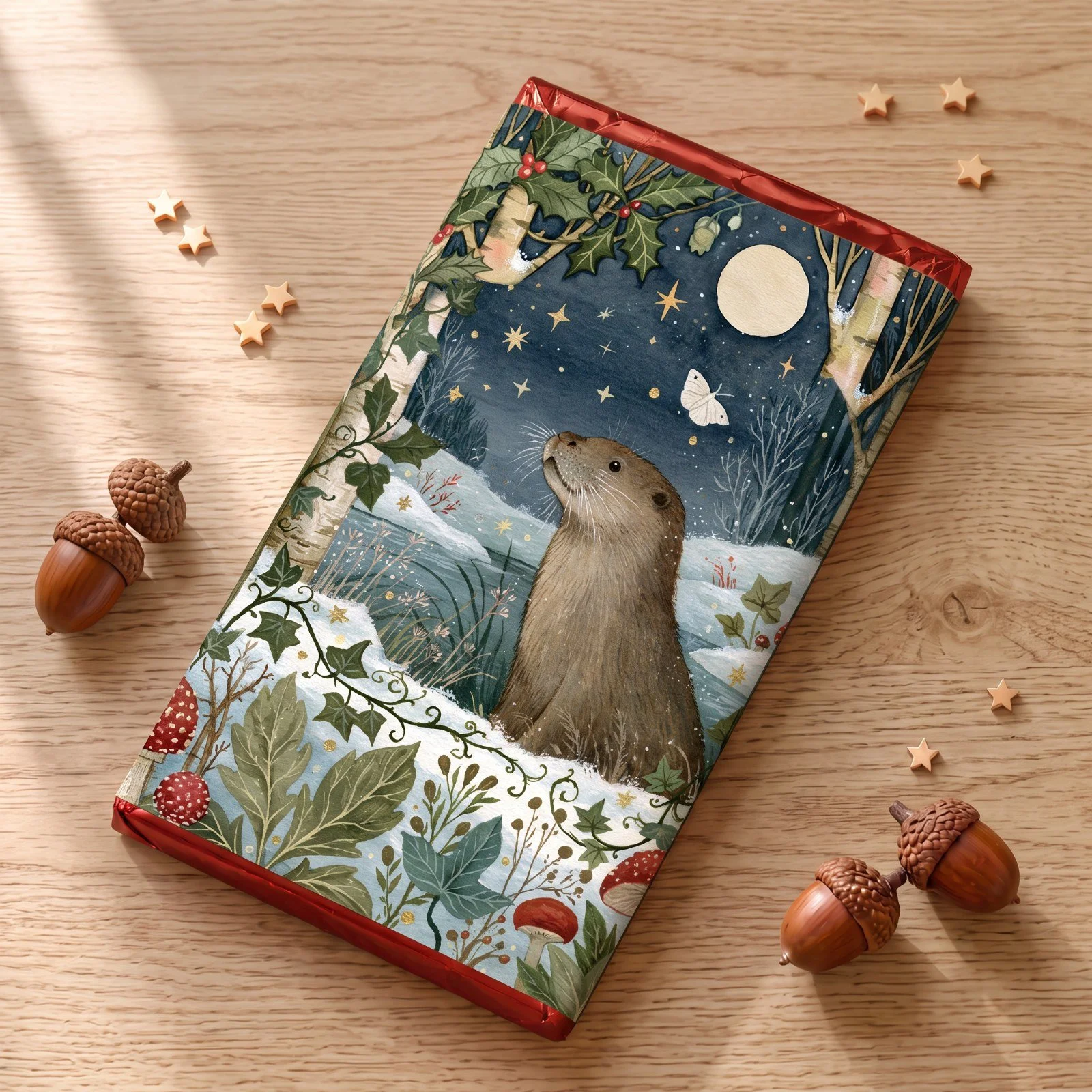 Under the Oak Tree woodland chocolate bar 100g with an illustrated cover of an otter by moonlight