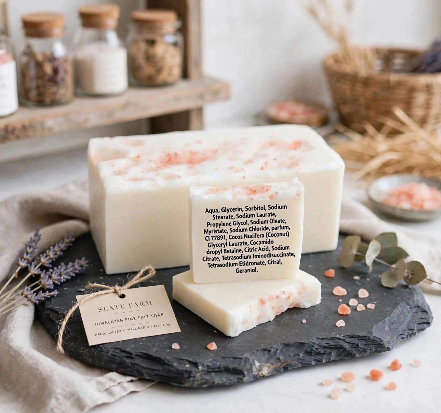 Himalayan Cava sliced soap loaf with pink salt