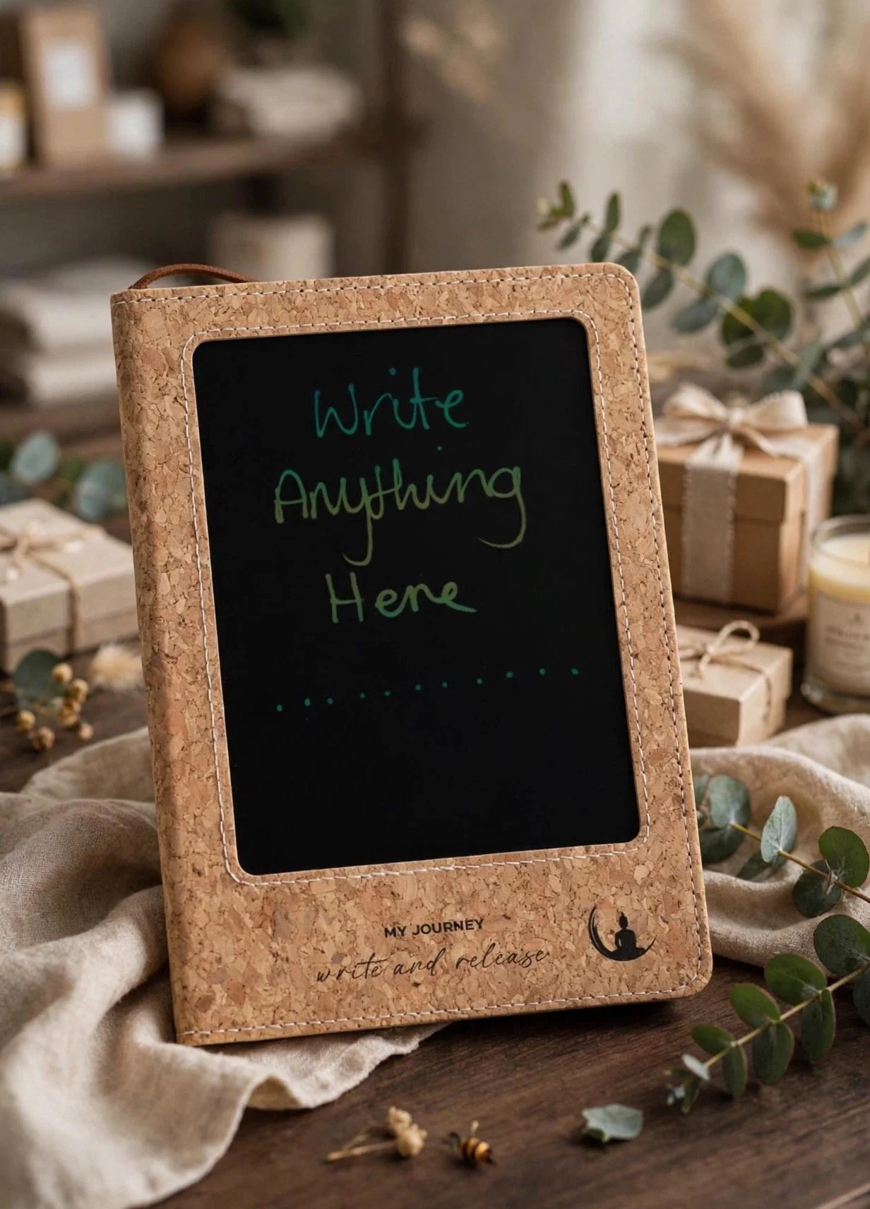 Cork-effect A5 notebook with a wipe-clean LCD writing screen