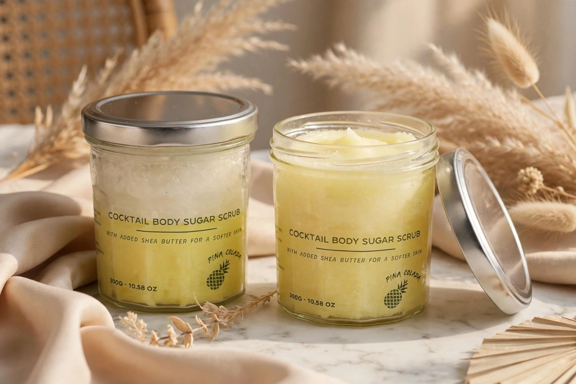 Two jars of Pina Colada fragranced sugar body scrub
