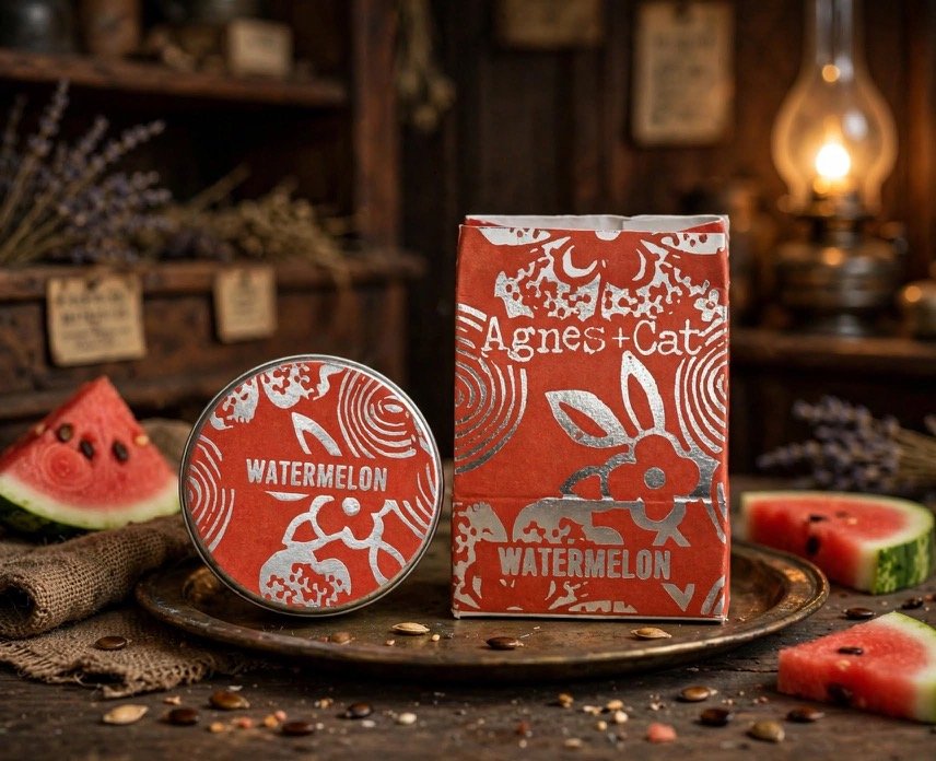 Watermelon natural lip balm tin and box with watermelon