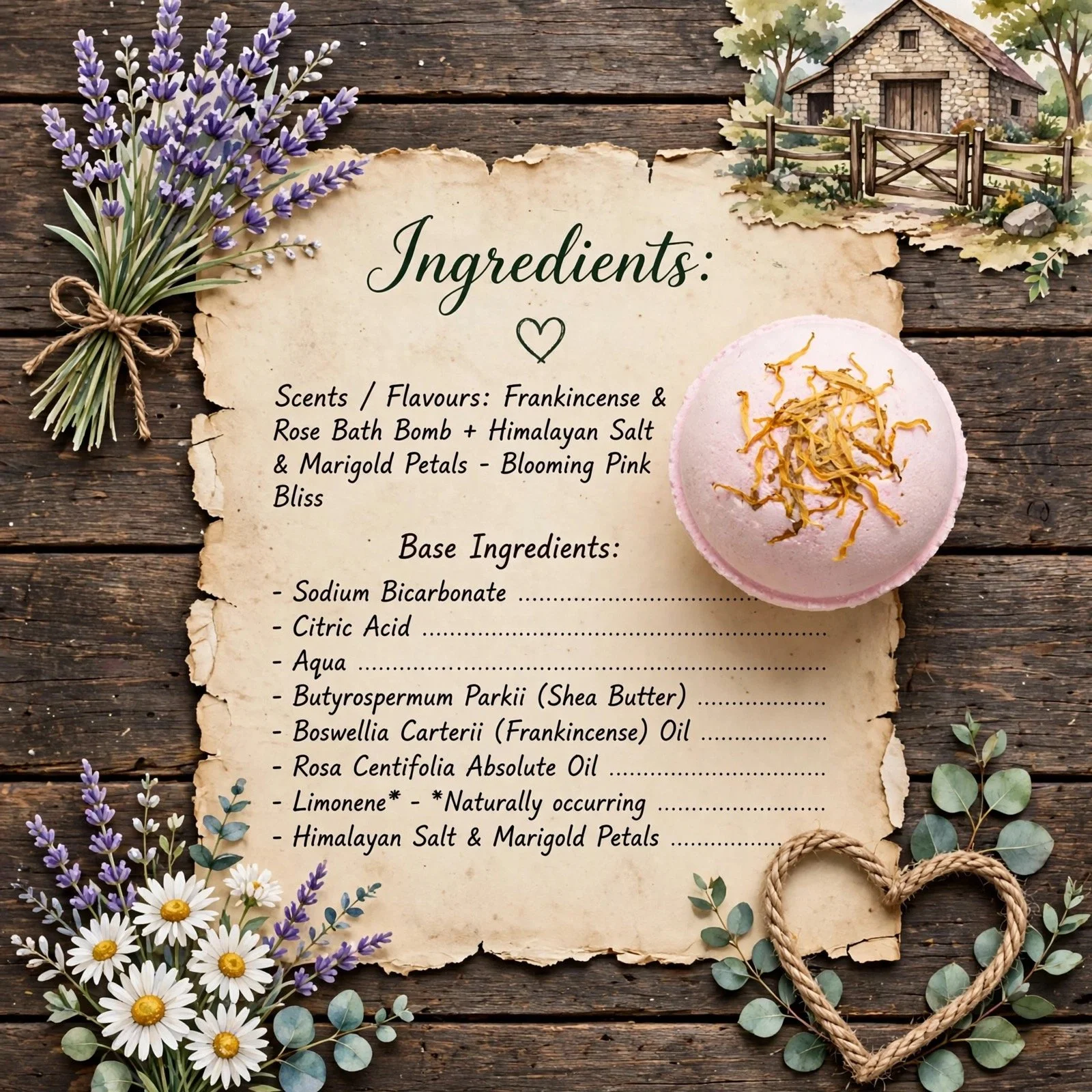 Frankincense & Rose bath bomb ingredients card