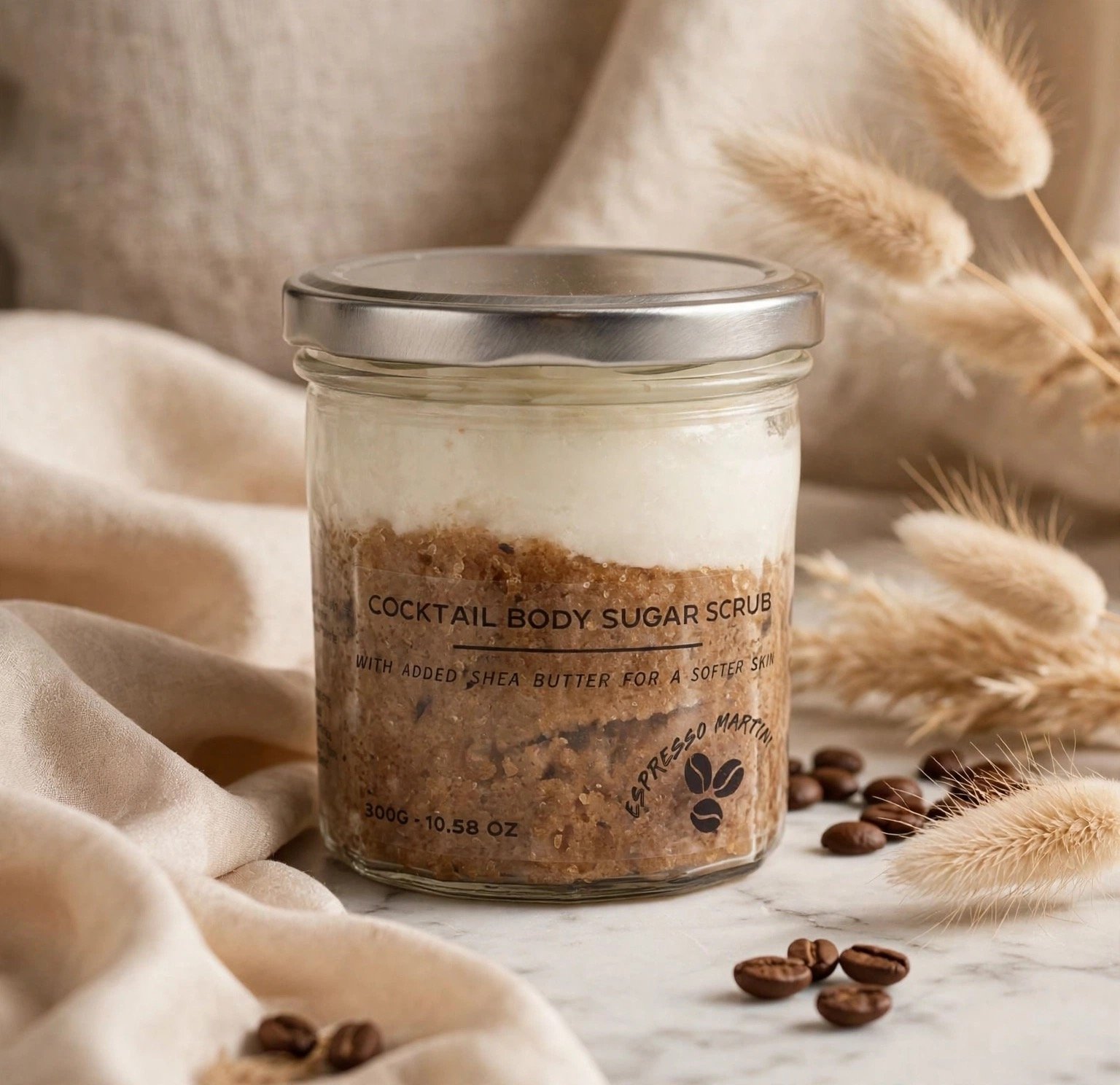 Espresso Martini fragranced sugar body scrub jar with coffee beans