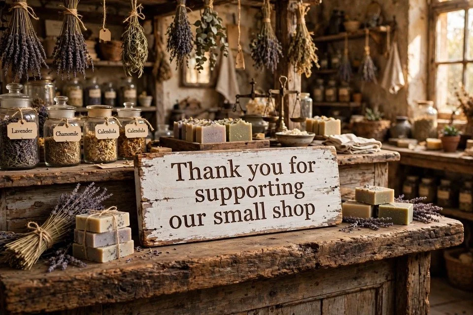 Natural soaps and gifts on a rustic shelf with a 'Thank you for supporting our small shop' sign