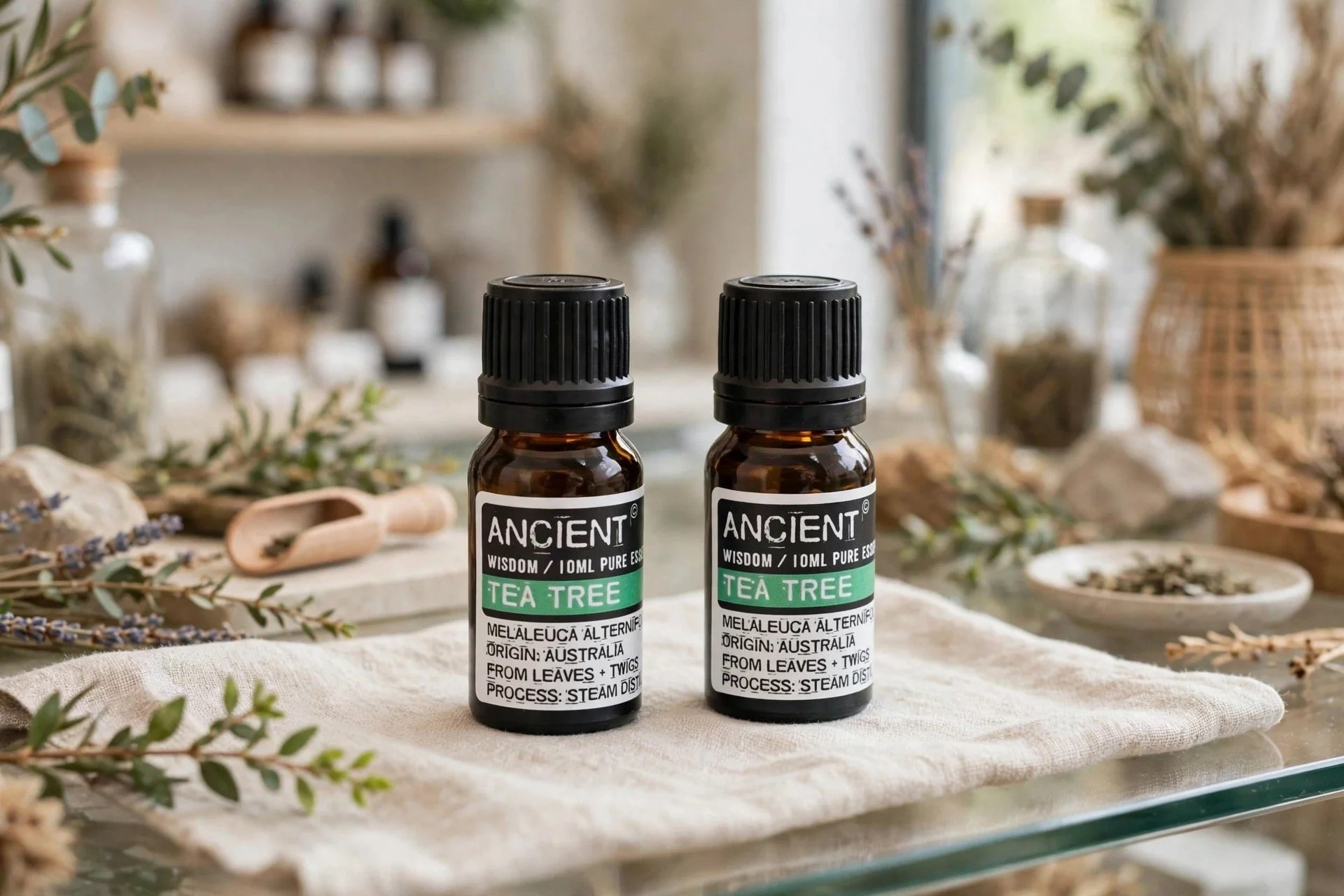Two tea tree essential oil 10ml bottles