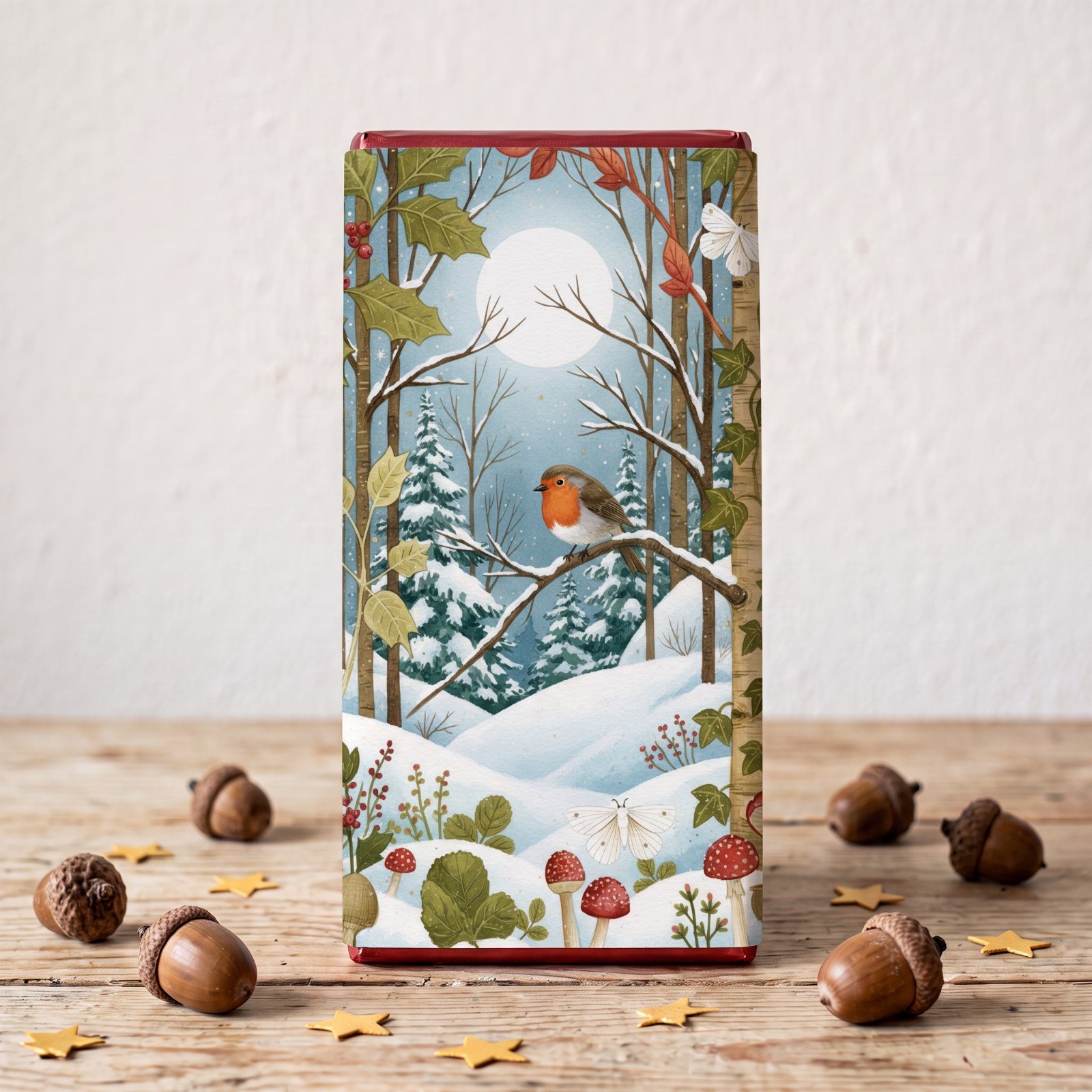 Under the Oak Tree woodland chocolate bar 100g with an illustrated cover of a robin in the snow