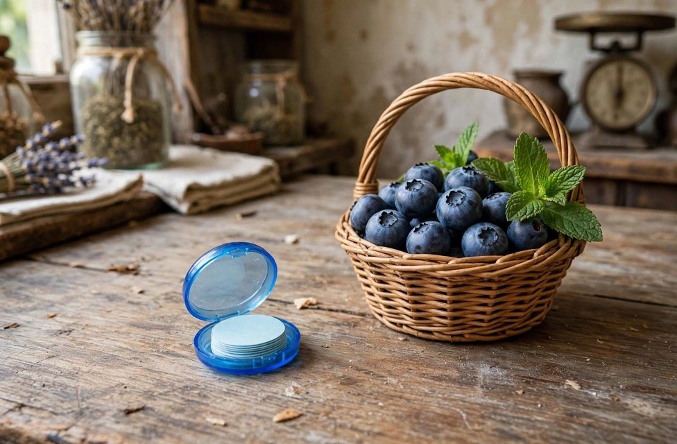 Blueberry paper soaps in a compact case with a basket of fruit