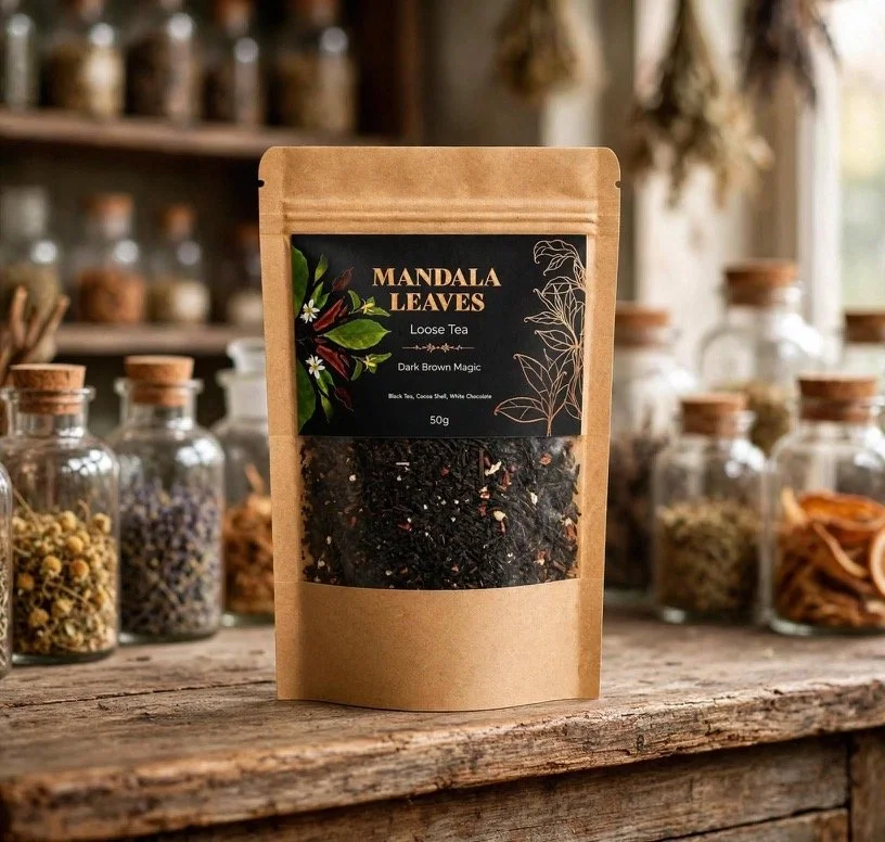 Dark Brown Magic loose leaf tea, 50g packet, on a rustic shelf